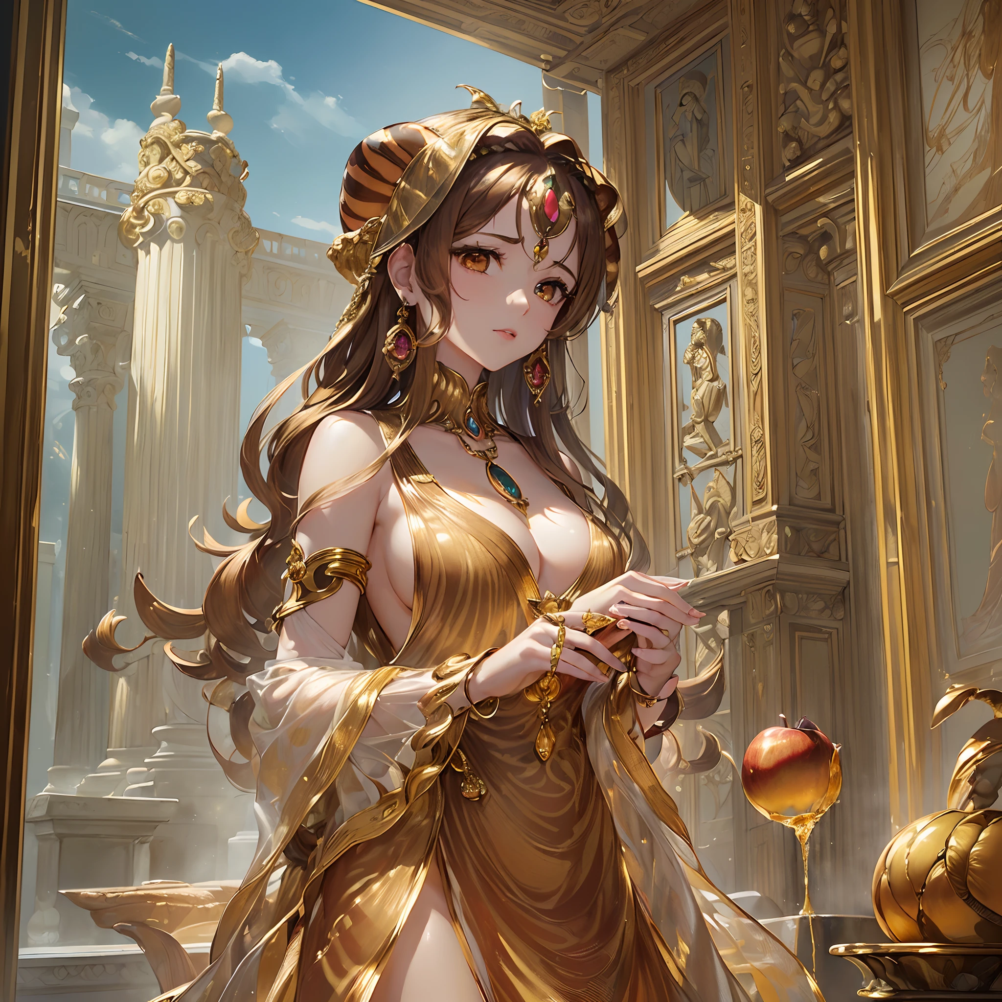 ((Finest quality)),(超A high resolution),(ultra-detailliert),(Meticulous portrayal),((Best CG)),(Finest works of art),Ultra-Precision Art,The art of astounding depiction, (Goddess wearing a chiton:1.5),Right hand holding golden apple:1.5,(Shine golden brown hair:1.5),