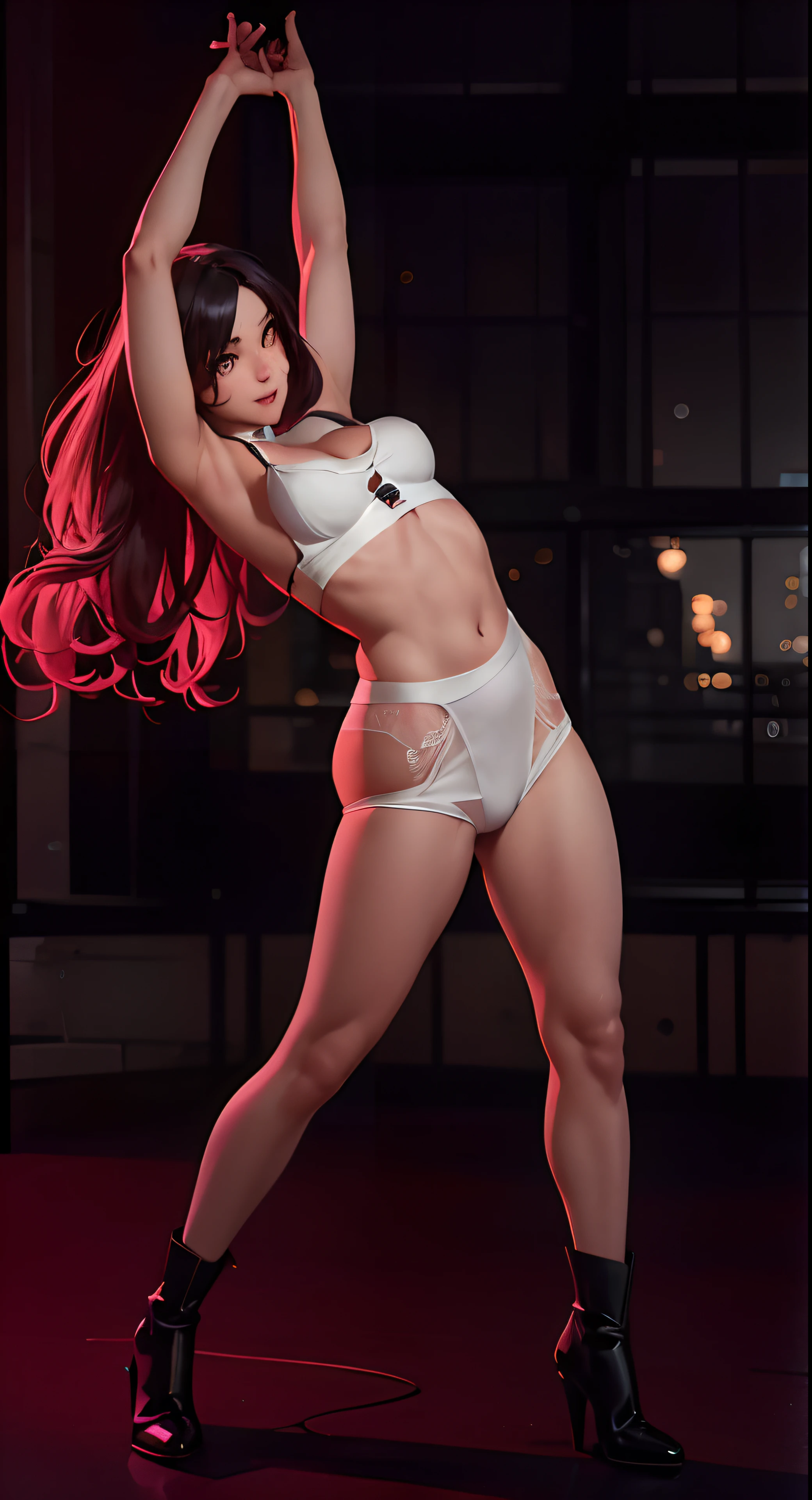 Araffe poses in white lingerie and black boots, pose sexy, Yoko Matsugane como Mai Shiranui, Irelia De League of LegenDs, Tifa Lockhart, seDuctor retrato De Tifa Lockhart, Ahri De League of LegenDs, pose muy sexy, Irelia, Tifa, biomechanical oppai, pose fuerte, D. VA De Overwatch