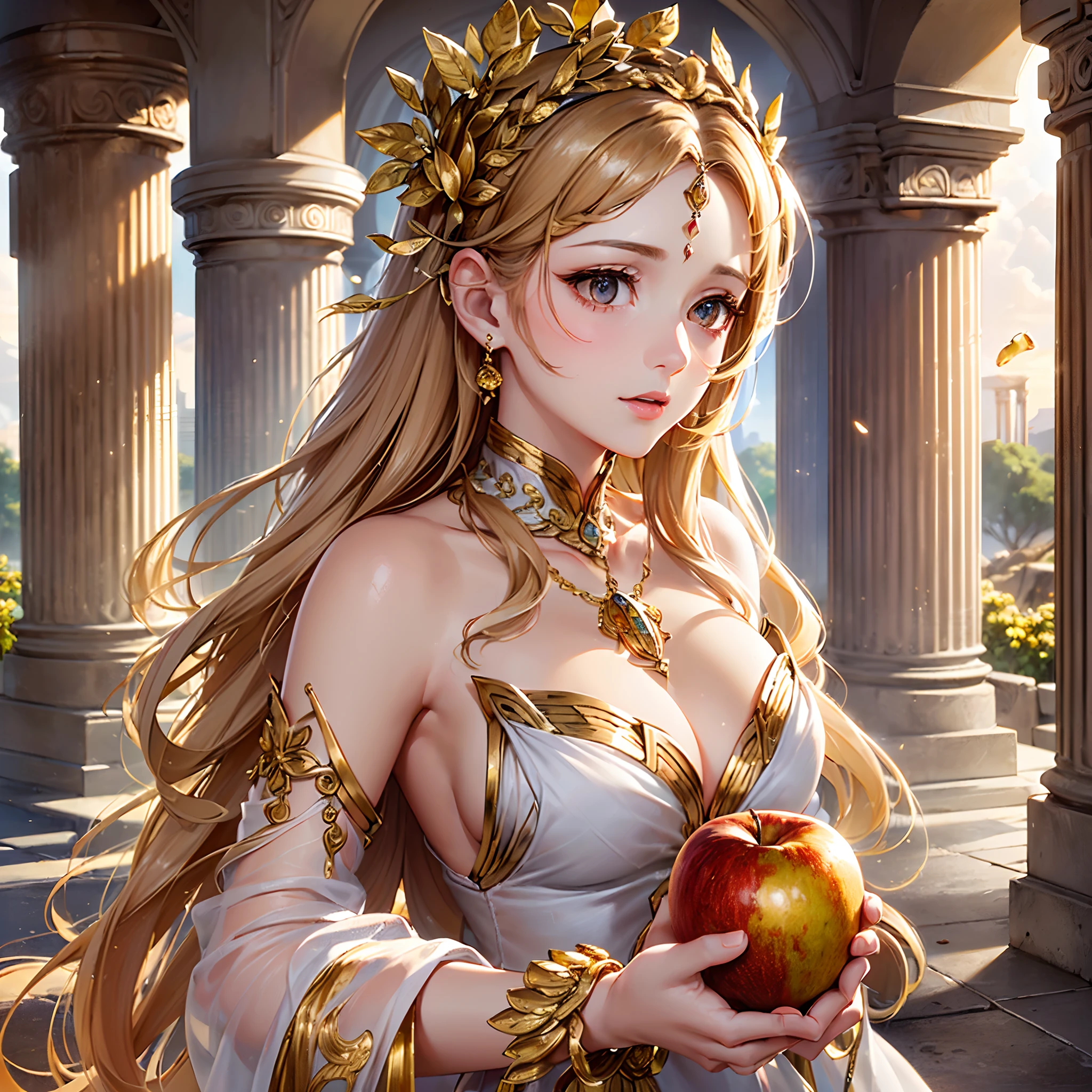 ((Finest quality)),(超A high resolution),(ultra-detailliert),(Meticulous portrayal),((Best CG)),(Finest works of art),Ultra-Precision Art,The art of astounding depiction, (Goddess wearing a pure white chiton:1.5),With a golden apple:1.5,(Shine golden brown hair:1.5), Ancient Greek temples:1.5