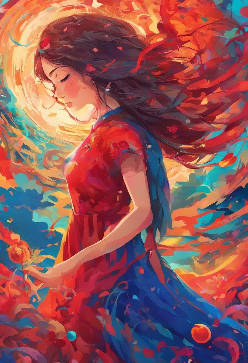 ((top-quality, 8K)), (Realistic), (Face focus: 1.1), (Blue and red: 1.3), kawaii girl, Short brownish-black hair,
Hair fluttering in the wind, Face to the right, Look up at your face, Eyes closed, (Sleeveless: 1.1)、Skirt, ,Long red dress,Embrace the sun,Rush out of the darkness,