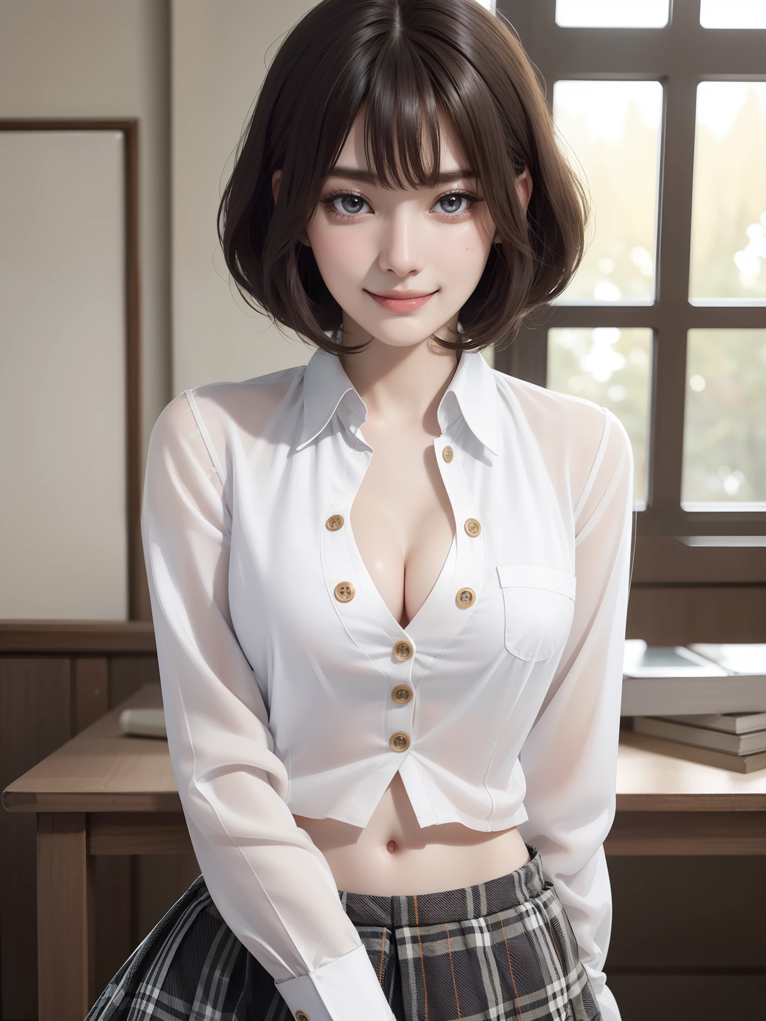 (A hyper-realistic:1.3)、(Photorealsitic:1.6)、(The ultra -The high-definition、top-quality、masutepiece:1.3)、(top-quality:1.4)、hight resolution、8K分辨率、(Highly detailed detail:1.6)、(volumatic light) One Woman、Whole body OL、Standing Pose、Classroom、(See-through white school shirt with buttons:1.6)、(Buttonless shirt:1.6)、(breasts looking:1.6)、(Very short plaid skirt:1.6)、(a navel:1.6)、(high-heels:1.2)、(F-cup:1.6)、{Gigantic|Big|Huge|Mega} breasts, cleavage、 (beauitful face:1.9)、(A detailed face:1.6)、(A detailed eye:1.5)、(Eye lashes:1.4)、(A smile:1.6)、(Detailed shiny bob hair:1.3)、Very tall、190cm Supermodel、clean long legs、neck long、beautiful short shiny hair with bangs,,,,,、((extremely beautiful lady、Symmetrical very beautiful face、Beautiful teeth、Expressive cute smile、asymmetrical bangs))、((Vivid landscape background rich in nature))