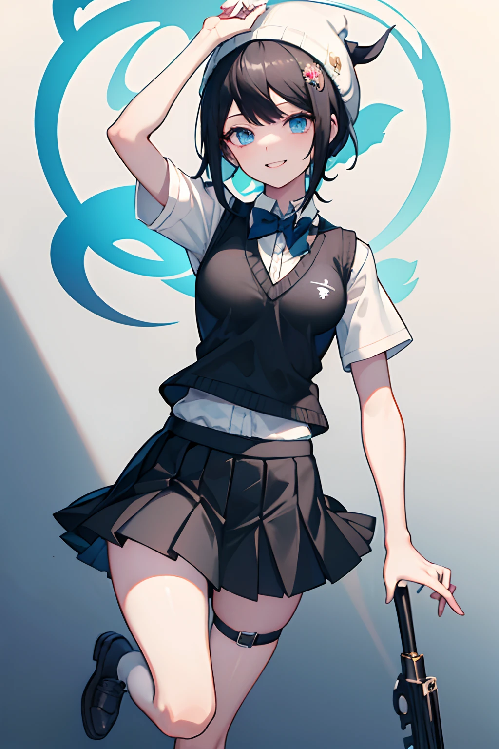Illustration, UHD, retina, masterpiece, accurate, anatomically correct, super detail, high details, high quality, award winning, best quality, highres, good anatomy, 1080P, HD, 4K, 8k, 16k, 1girl, dynamic pose, androgynous, detailed eyes, detailed clothes, detailed hair, rendering, strands of hair, cute waifu, short black hair, bangs, locks, white beanie, blue eyes, white collared short sleeved shirt, black sweater vest, black tie under vest, wearing a black micro pleated skirt, black thigh high, wearing brown shoes, smiling, danganronpa art style