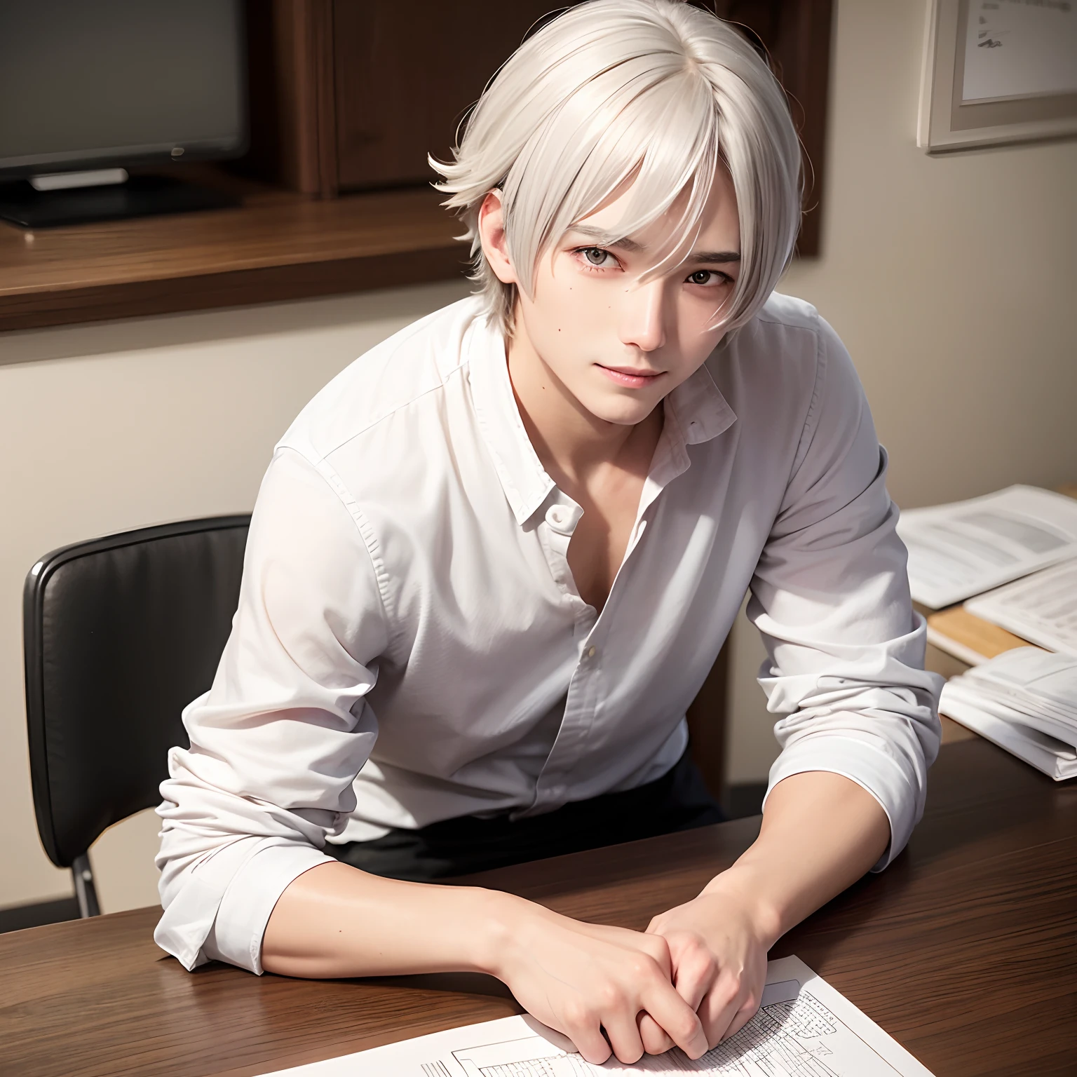 Male, medium hair, silver hair, sitting on desk, loose shirt, red eyes, sweat drop, smile