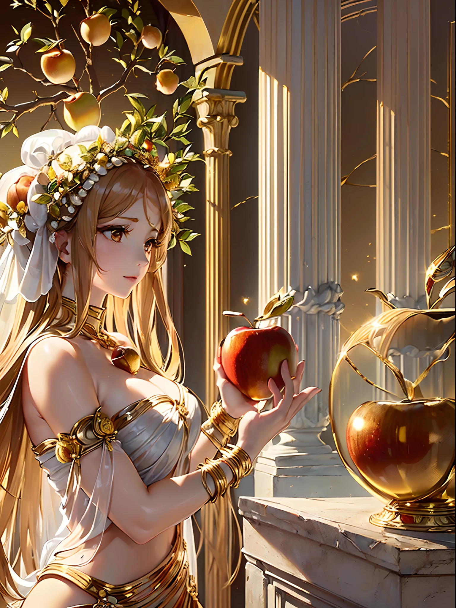 ((Finest quality)),(超A high resolution),(ultra-detailliert),(Meticulous portrayal),((Best CG)),(Finest works of art),Ultra-Precision Art,The art of astounding depiction, (Goddess wearing a pure white chiton:1.5),(With a golden apple:1.5),(Shine golden brown hair:1.5),A slight smil:1.8 Ancient Greek Temples:1.5