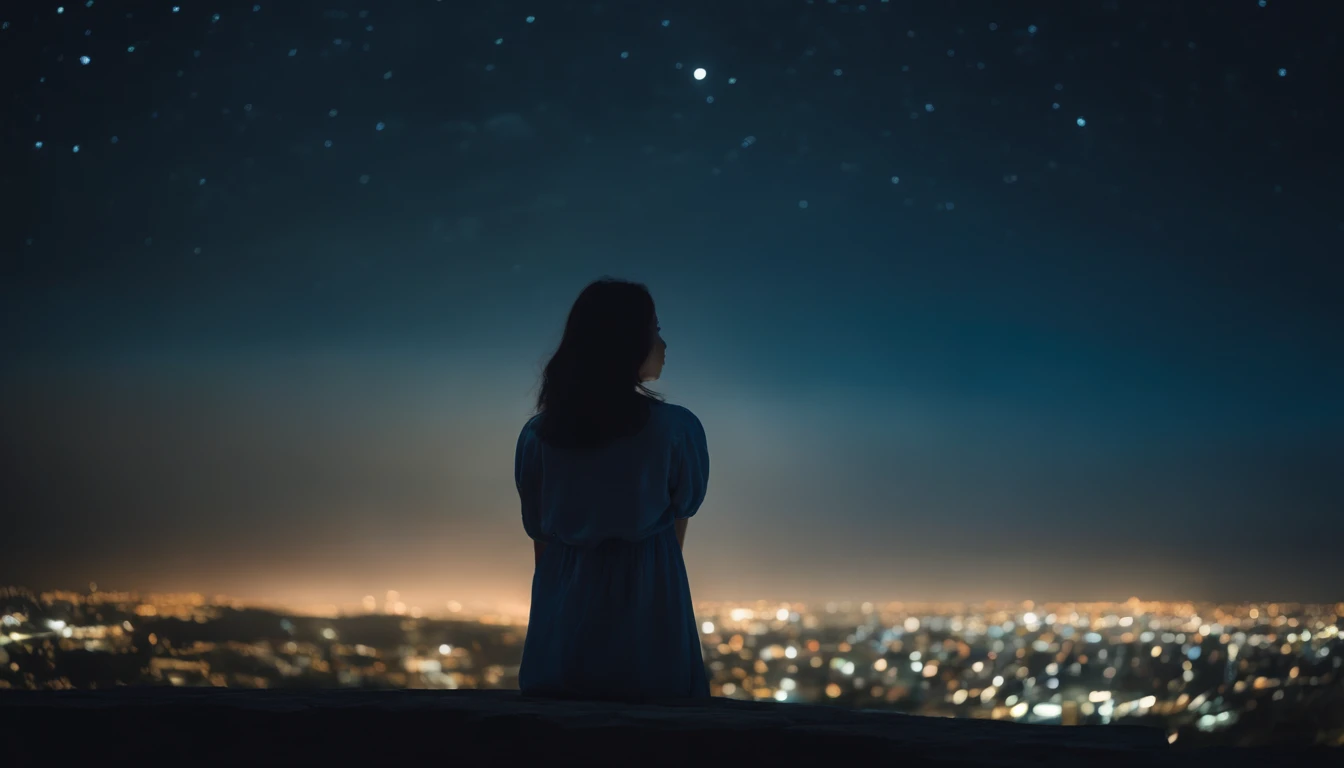 nigh sky、stele、４K,Girl looking at the night sky is small and backward、