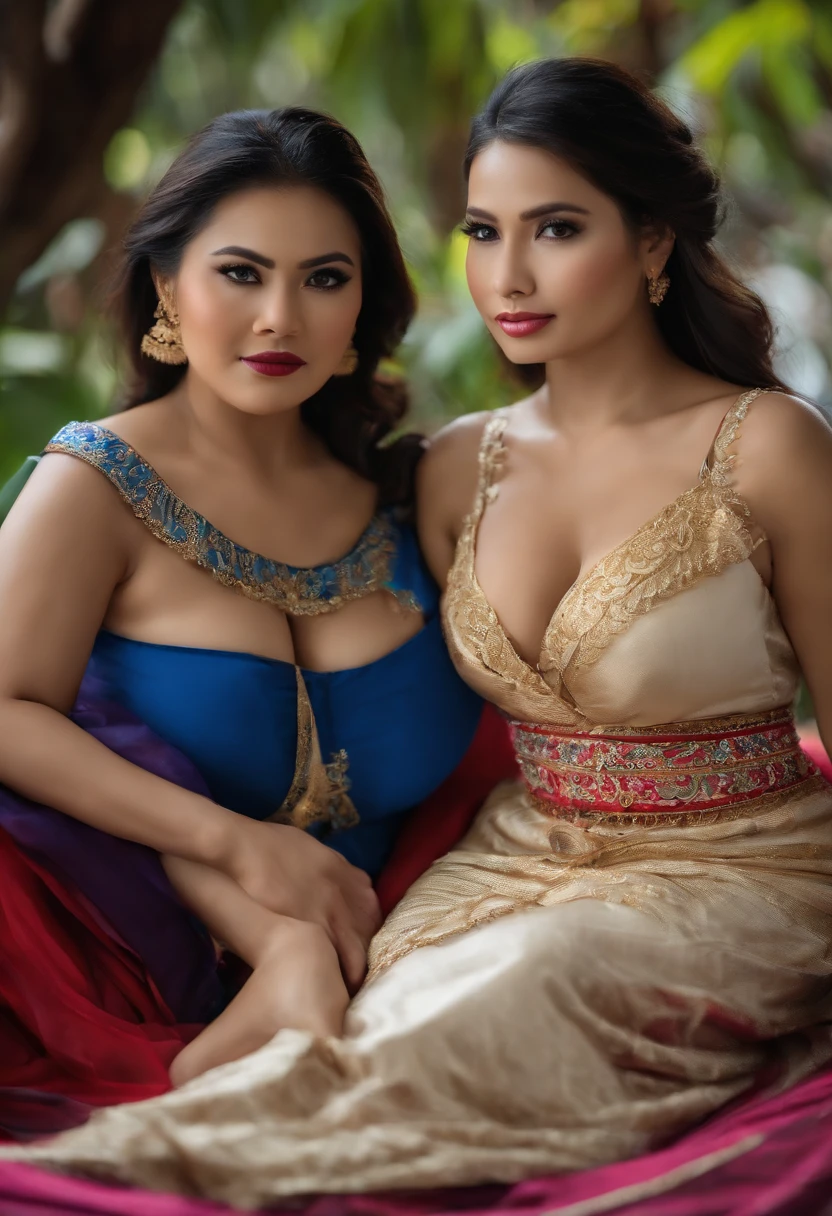 Busty Philipina women holds down another woman using her legs