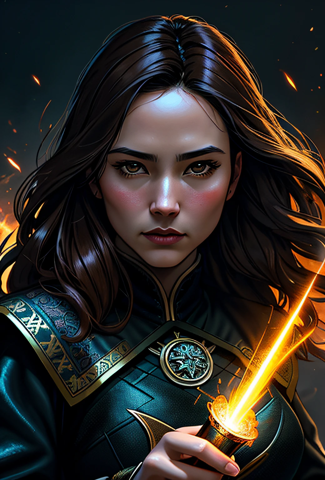 ((beste-Qualit)), ((tmasterpiece)), ((dark fantasy style)), ((Dynamic Action Pose)), 1girl, Jim Lee's majestic, intricately detailed soft oil painting, close-up upper body portrait, (Fabulous Long Haired Brunette Ninja: 1.3), (Soft Asian Facial Features: 1.3), Detailed, mesmerizing black eyes, Intricately embroidered open garments, (Glowing Sparks: 1.2), hard lighting, Professional, soft volumetric lighting, Depth of field, film grains, smoothness, roughness, real life, A cinematic still from the film Doctor Strange| (The Cannibal Holocaust:0.1)|Game of Thrones:0.3)| (Vikings:0.3)| Scary Stories, that can be told in the dark |doom