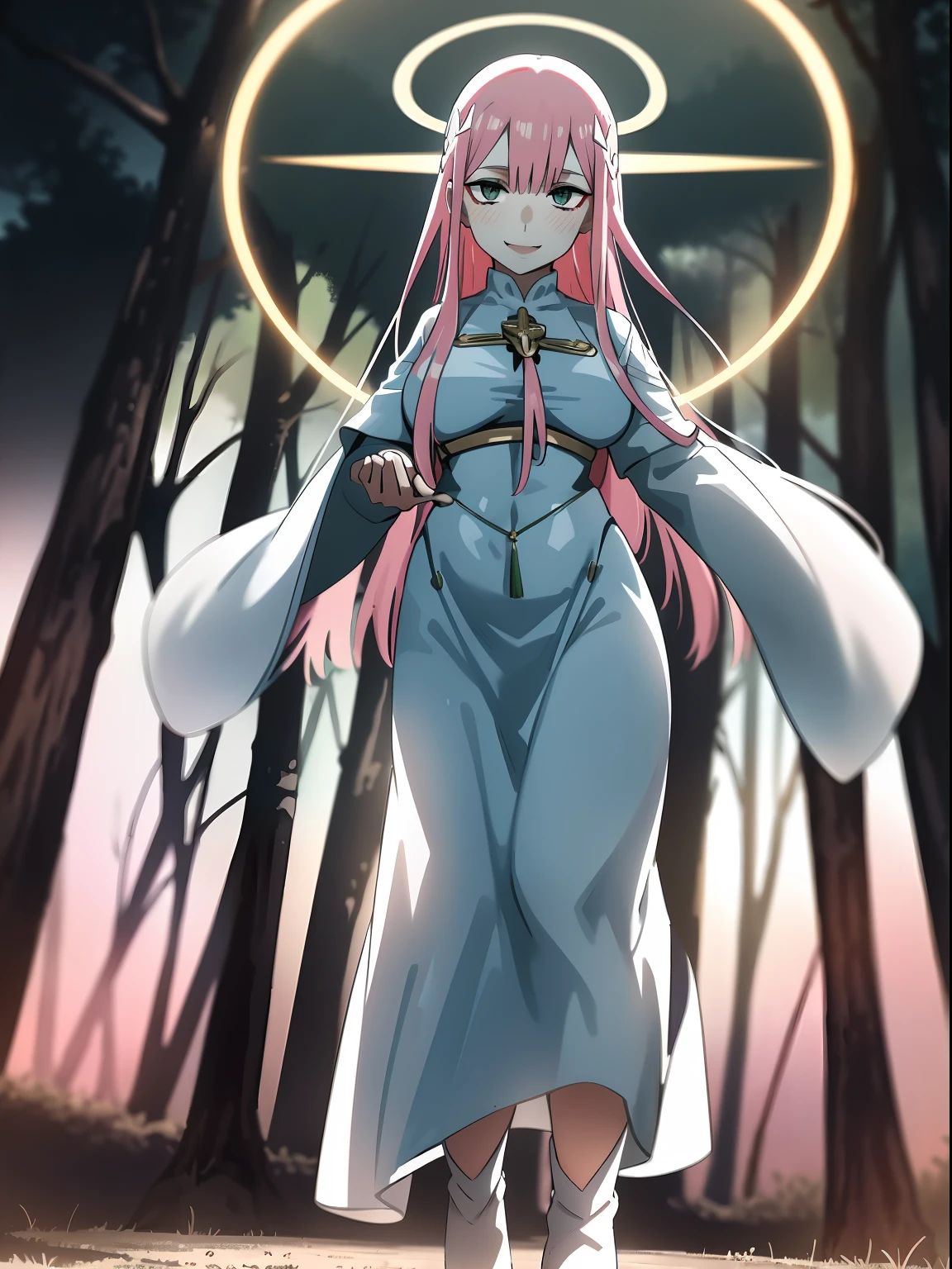 Zero Two, dress, sun halo, holy, smile, medium breast, priestess, full body, walking, divine aura, sun halo, solar halo, long skirt, porcelain skin, ethereal, graceful movement, flowing golden hair, radiant beauty, enchanting gaze, serene expression, soft sunlight, angelic presence, celestial atmosphere, mystical background, celestial light, glowing halo, gentle breeze, ethereal glow, captivating aura, divine radiance, natural beauty, sublime elegance, heavenly charm, peaceful countenance, harmonious surroundings, ethereal grace, mesmerizing presence, transcendent allure, magical serenity, serene and majestic, radiant happiness, heavenly enchantment, delicate features, elegant posture, celestial maiden, otherworldly presence, serene and ethereal, divine embodiment, celestial being, spiritual tranquility, mesmerizing beauty, ethereal goddess, radiant purity. Preparing SeaArt Bot Txt2Img Default 21:19:45, green eyes, white robe, large skirt, long skirt, longeyelashes, solid circle eyes, light smile, ear blush, fang, Surrealism, drop shadow, anaglyph, stereogram, tachi-e, pov, atmospheric perspective, 8k, super detail, ccurate, best quality, best quality, high quality, super detail, anatomically correct, retina, UHD, masterpiece, high details, award winning, highres, textured skin, ccurate, venus body,medieval clothing, dark atmosphere, ornate details, dim lighting, dramatic shadows, mysterious aura, intricate lace patterns, porcelain skin, bewitching gaze, elegant posture, majestic presence, flowing silhouette, gothic architecture, candlelit hauntingly beautiful, enchanting presence, ethereal ambiance, alluring expression, intense sensuality, exquisite jewelry, supernatural allure, captivating aura, sensual curves, full body, boots, happy, smile, boots, standing pose, black cape