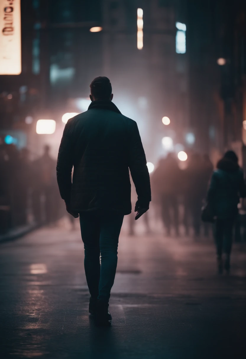 man walking down a street in a big city, synthwave style