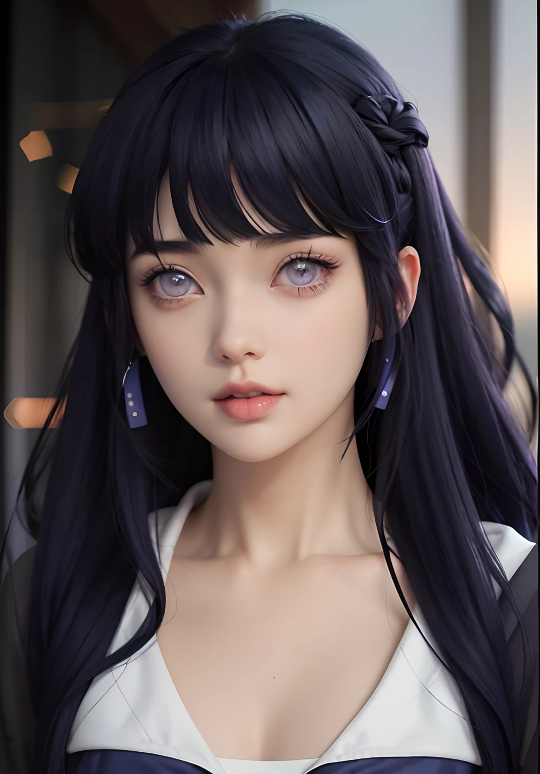 a close up of a person with long hair and a hoodie, hinata hyuga, hinata hyuga from naruto, from naruto, as an anime character, perfect anime face, she has dark blue hair with bangs, female anime character, anime character, anime best girl, hime cut hairstyle, dark blue hair, (red glossy lips:1.3), light purple eyes, big breasts, realistic, ultra detail, indoor background