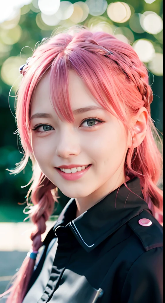 (ultra-detailliert), police uniform with、Blue eyes,The upper part of the body、cowboy shot、faces、(A smile:1.5),(facing front:1.2), sixteen years old, teens girl,no tail,(no tail),2D, masterpiece, top-quality, animesque, A detailed eye, A detailed face, girl with, Only 1 person,Medium hair with pink hair, (Pink hair), Ear Hair, small tits, Single braid, (Single braid), (Side braid), Background bokeh