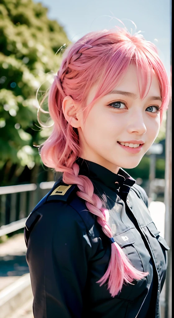 (ultra-detailliert), police uniform with、Blue eyes,The upper part of the body、cowboy shot、faces、(A smile:1.5),(facing front:1.2), , teens girl,no tail,(no tail),2D, masterpiece, top-quality, animesque, A detailed eye, A detailed face, girl with, Only 1 person,Medium hair with pink hair, (Pink hair), Ear Hair, small tits, Single braid, (Single braid), (Side braid), Background bokeh