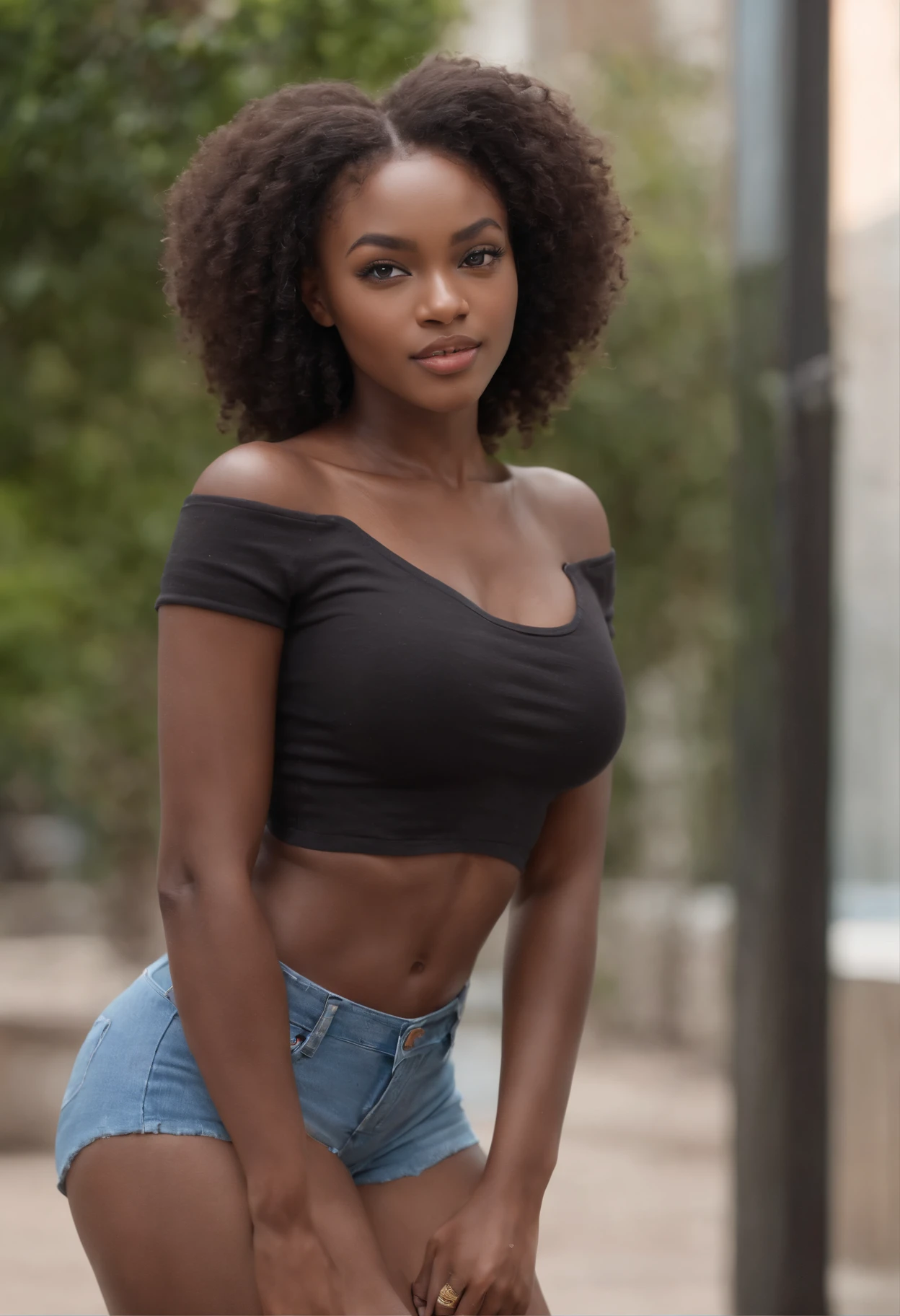 ((Dark African skin, very deep ebony skin)), ((Her beauty is undeniable)), ((cute excited face)), ((Hyper detailed perfect eyes,)), ((cute pose)), ( (Language out)), ((Attractive )), sexy, ((Tight knit shirt, sexy short shorts)), ((Afro curly african hair afro afro ponytail,)), ((skin)), (( standing, back view )), ((touching own legs in sexy pose)), ((shows her ass well)), ((outdoors, Public city)), Focused CGI, Fotorrealista, high detail, Realistic, Part mistress, Absurd, best quality, Hdr, High quality, High definition, extremely detailed, 8k wallpaper, Intricate details, 8K UHD, Full-HD, (Photo realistic:1.2), contrast, Strong lighting, Cinema lighting, lighting natural, hard light, backlight, global illumination, ambient occlusion, shows your ass well, perfect ass,
