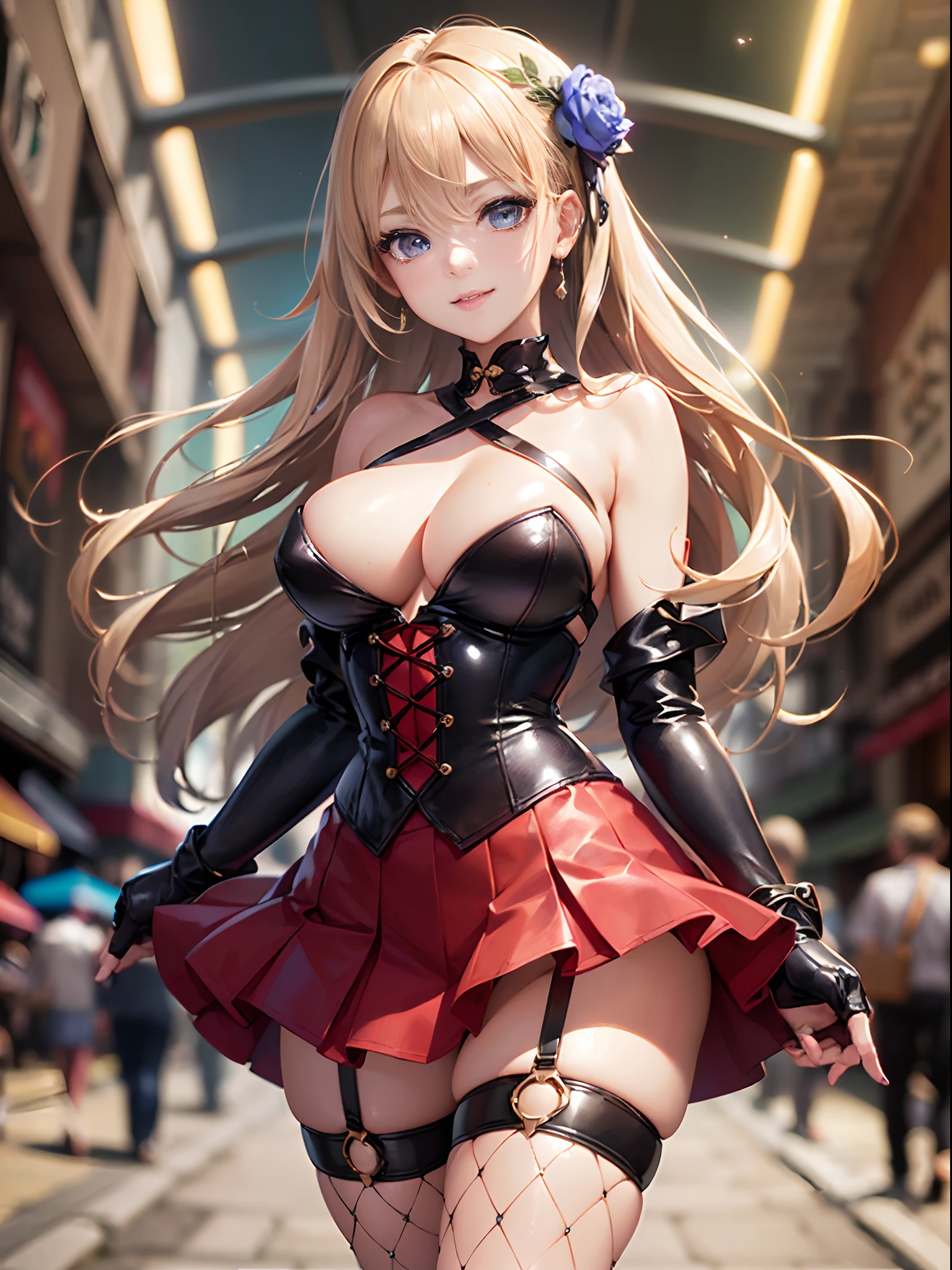 ((16k,top-quality,hight resolution,Ray tracing,PBR Texture,Post-processing,)),((Dark red leather bondage skirt, Cute Japan anime girl,Violet Evergarden,Long wavy blonde hair,Big breasts that emphasize cleavage:2.0,bare hand,Thin leg,blue eyess,complete5Depiction of the finger,Elaborate limb representation,Limbs are2One,Fingers in total5Portrayed in books,A beautiful woman with perfect body)))(finerly detailed face:1.5),(masterpiece:1.5),(top-quality:1.5), Beautiful fine skin,(Complex fishnet stockings),pin heels,Leather luster :3.0,Beautiful skin,(Red corset,long red skirt),((tthin eyebrows,long eyelashes,smil,二重まぶた,Blue eyeliner,Shining foundation))),No title required,Do not wear anything on your shoulders,Create beautiful light effects on the background、Light Particle Filter,Girl fighting in town,(finerly detailed face:1.4),(masterpiece:1.4),(top-quality:1.4), Beautiful fine skin,(Complex fishnet stockings),pin heels,Leather luster 3.0,Beautiful skin,((tthin eyebrows,long eyelashes,smil,二重まぶた,Glossy lips)),No title required,Do not wear anything on your shoulders,Bold figure,Staring from the front,Create beautiful light effects on the background、Light Particle Filter,Show off your beautiful legs while strolling around the city,Trends on pixiv,Mystical aura,Illuminati style,