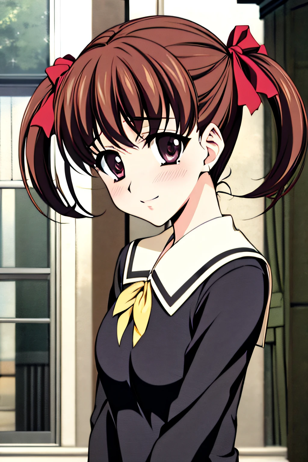 Visual novel Game portrait, lillian_girls'_academy_uniform, fukuzawa_yumi, red_ribbon, long_sleeve, brown_hair, twintails, close up