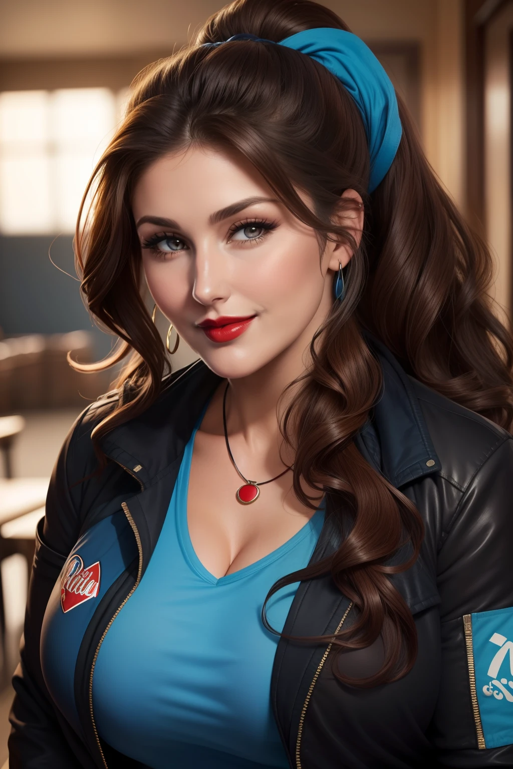 Lucy Pinder, Face portrait, face, neckline, ((red lipstick)), smiling, wavy hair, brown hair, ponytail, ((blue t-shirt)), ((black jacket)), necklace, very chubby woman