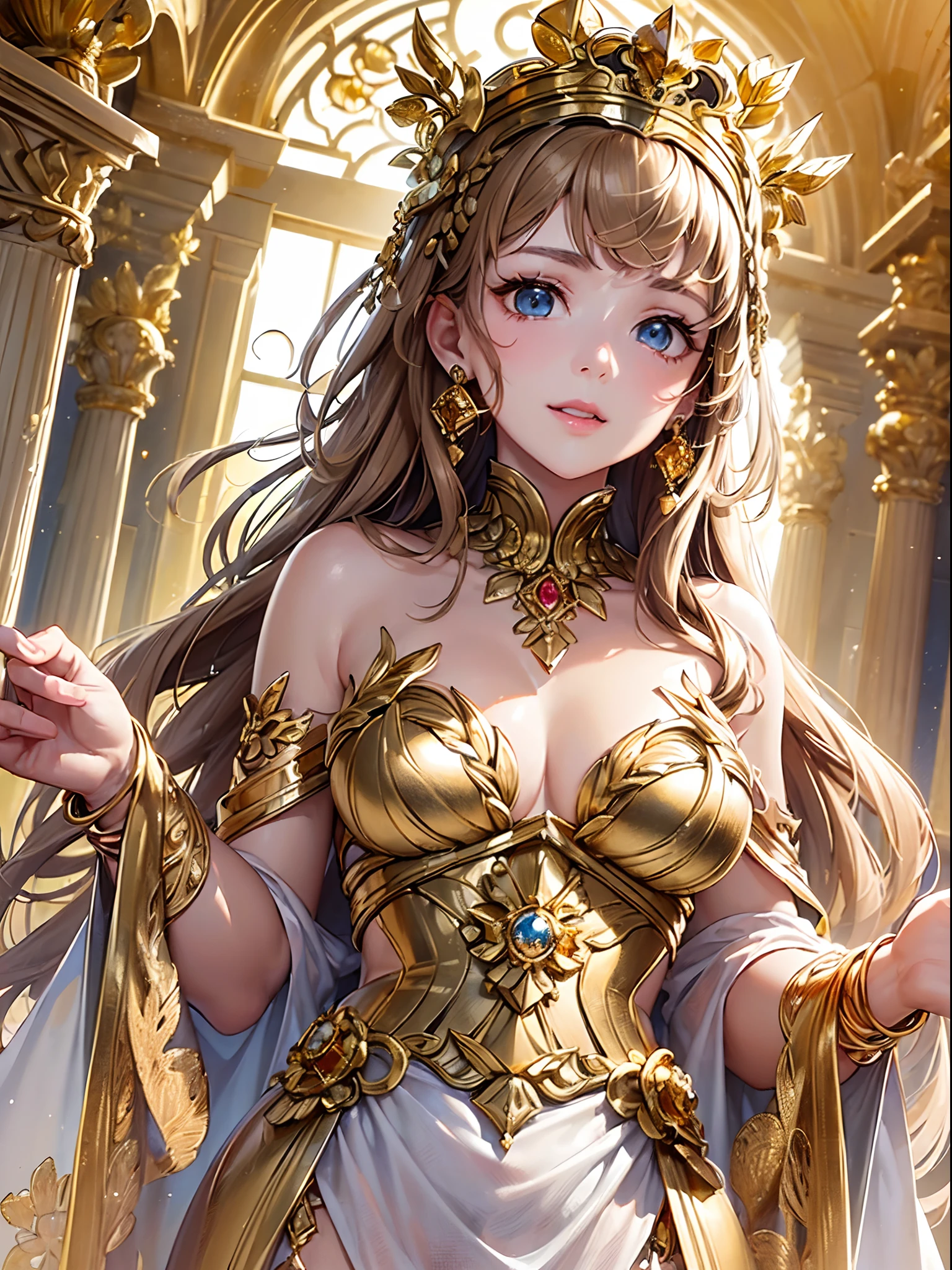 ((Finest quality)),(超A high resolution),(ultra-detailliert),(Meticulous portrayal),((Best CG)),(Finest works of art),Ultra-Precision Art,The art of astounding depiction, (Goddess wearing a pure white chiton:1.5),With a golden apple:1.5,(Shine golden brown hair:1.5)A slight smil:1.5 crowns made of olives:1.5, Ancient Greek temples:1.5