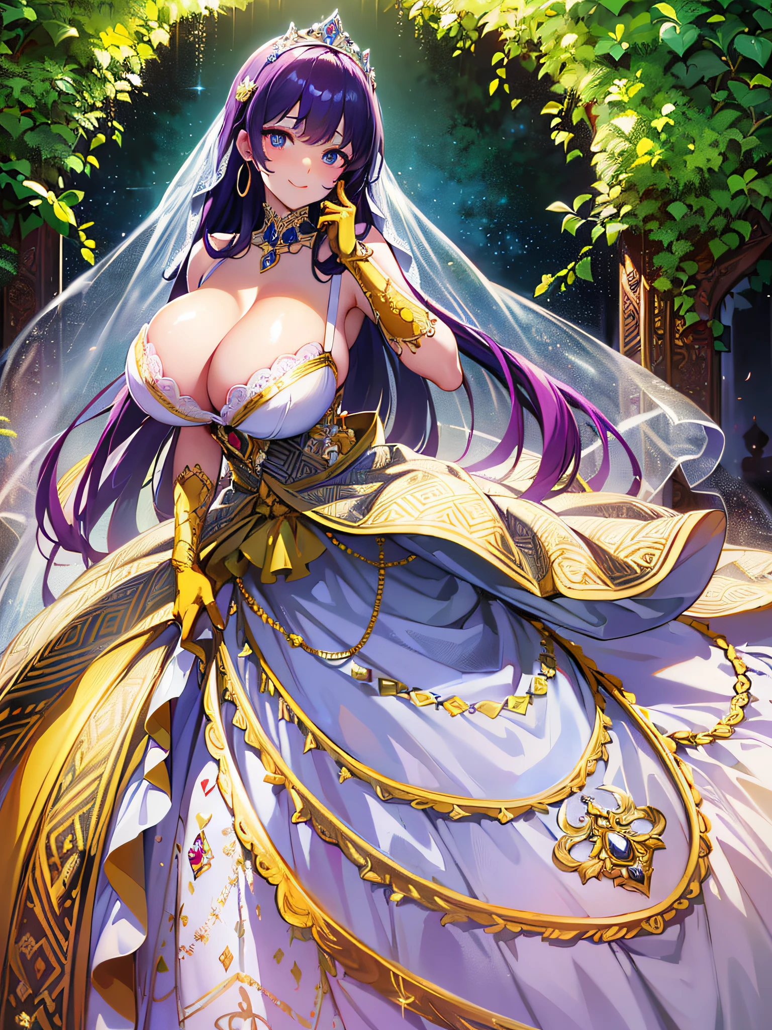 ((anime artstyle)),(Masterpiece),(Best Quality), (Super Detail),(Highly Detailed CG Unity 8k wallpaper),((Very Delicate and Beautiful)),1 lady,((full body portrait)),((standing in garden)),((solo)),(((1 princess in gorgeous embroidery and jeweled extremely gorgeous rococo princess ballgown with voluminous full length hoop skirt))),(((huge crinoline hoopskirt))),long train,((gorgeous embroidery and jeweled)),voluminous frills,See-through,(((extremely gigantic tits,skindentation))),cleavage,((absurdly Long Straight Hair,extremely voluminous Straight long Hair,absurdly Long Straight Hair)),(finely detailed face and eyes),((seductive smile,embarrassed)),clear pupil,extremely gorgeousfull hair ornament,(bling-bling jeweled extremely gorgeousfull tiara),((bling-bling gorgeous gemstone jewelry)),gorgeous long veil,((ultra long gloves)),(beautiful background),(full body),((gorgeous embroidery and jeweled extremely gorgeous rococo princess ballgown with voluminous full length hoop skirt))