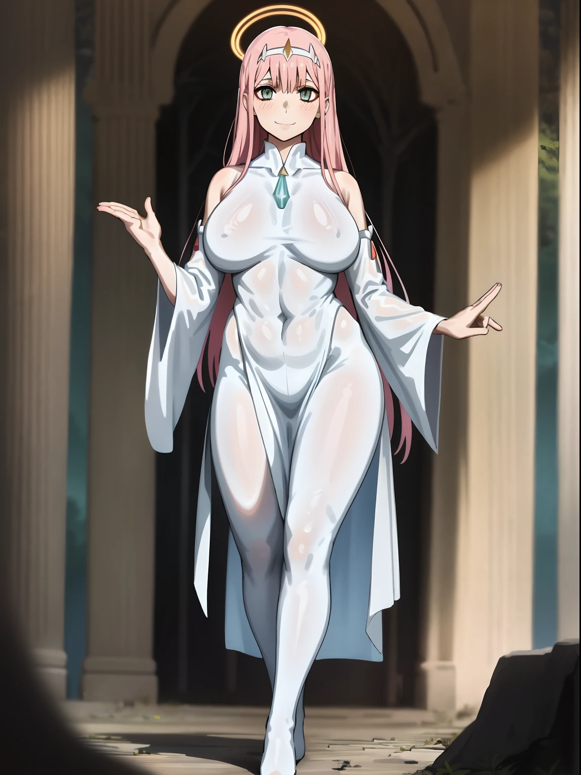 Zero Two, dress, sun halo, holy, smile, medium breast, priestess, full body, walking, divine aura, sun halo, solar halo, long skirt, porcelain skin, ethereal, graceful movement, flowing golden hair, radiant beauty, enchanting gaze, serene expression, soft sunlight, angelic presence, celestial atmosphere, mystical background, celestial light, glowing halo, gentle breeze, ethereal glow, captivating aura, divine radiance, natural beauty, sublime elegance, heavenly charm, peaceful countenance, harmonious surroundings, ethereal grace, mesmerizing presence, transcendent allure, magical serenity, serene and majestic, radiant happiness, heavenly enchantment, delicate features, elegant posture, celestial maiden, otherworldly presence, serene and ethereal, divine embodiment, celestial being, spiritual tranquility, mesmerizing beauty, ethereal goddess, radiant purity. Preparing SeaArt Bot Txt2Img Default 21:19:45, green eyes, white robe, large skirt, long skirt, longeyelashes, solid circle eyes, light smile, ear blush, fang, Surrealism, drop shadow, anaglyph, stereogram, tachi-e, pov, atmospheric perspective, 8k, super detail, ccurate, best quality, best quality, high quality, super detail, anatomically correct, retina, UHD, masterpiece, high details, award winning, highres, textured skin, ccurate, venus body,medieval clothing, dark atmosphere, ornate details, dim lighting, dramatic shadows, mysterious aura, intricate lace patterns, porcelain skin, bewitching gaze, elegant posture, majestic presence, flowing silhouette, gothic architecture, candlelit hauntingly beautiful, enchanting presence, ethereal ambiance, alluring expression, intense sensuality, exquisite jewelry, supernatural allure, captivating aura, sensual curves, full body, boots, happy, smile, boots, standing pose, black cape