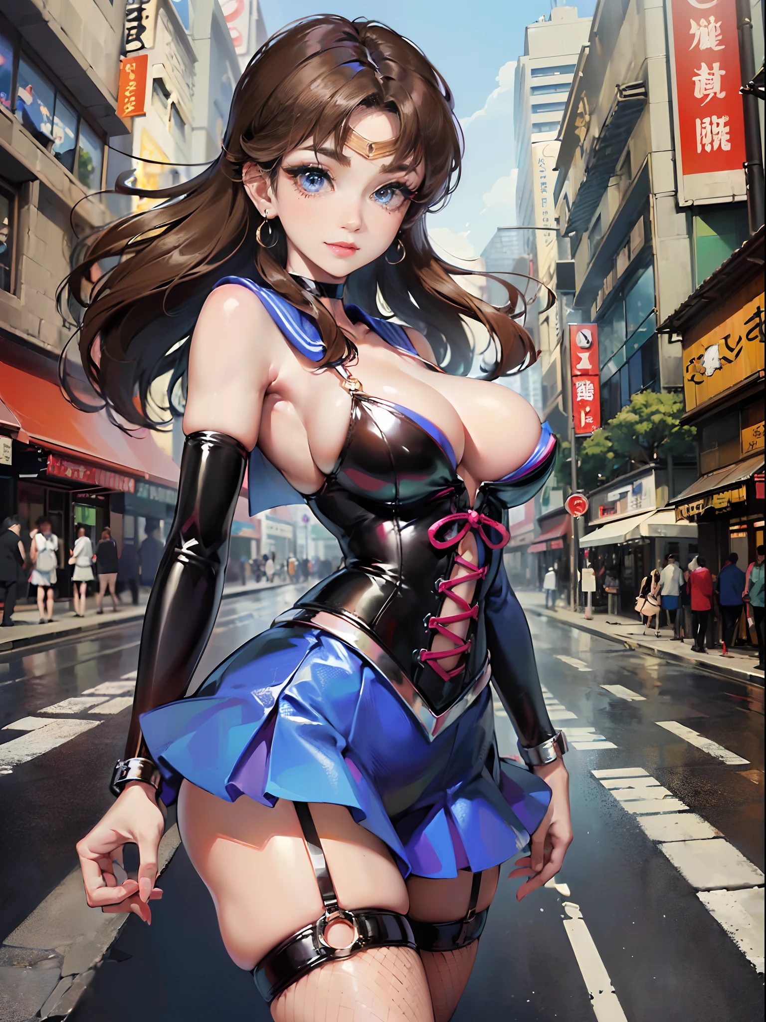 ((16ｋ,Raw photography,top-quality,hight resolution,Ray tracing,PBR Texture,Post-processing,)),((Blue leather bondage skirt, Cute Japan anime girl:2.0,Sailor Moon,Moon rabbit,long wavy brown hair,Big breasts that emphasize cleavage:2.0,bare hand,Thin leg,blue eyess,complete５Depiction of the finger,Elaborate limb representation,Limbs are２One,Fingers in total５Portrayed in books,A beautiful woman with perfect body)))(finerly detailed face:1.5),(​masterpiece:1.5),(top-quality:1.5), Beautiful fine skin,(Complex fishnet stockings),pin heels,Leather luster :3.0,Beautiful skin,(Black corset,Blue Body Con Long Skirt),((tthin eyebrows,long eyelashes,smil,二重まぶた,)),No title required,Do not wear anything on your shoulders,Create beautiful light effects on the background、Light Particle Filter,Girl fighting in town,(finerly detailed face:1.4),(​masterpiece:1.4),(top-quality:1.4), Beautiful fine skin,(Complex fishnet stockings),pin heels,Leather luster 3.0,Beautiful skin,(The leather corsets),((tthin eyebrows,long eyelashes,smil,二重まぶた,Glossy lips)),No title required,Do not wear anything on your shoulders,Bold figure,Staring from the front,Create beautiful light effects on the background、Light Particle Filter,Show off your beautiful legs while strolling around the city,Trends on pixiv,Mystical aura,Illuminati style,