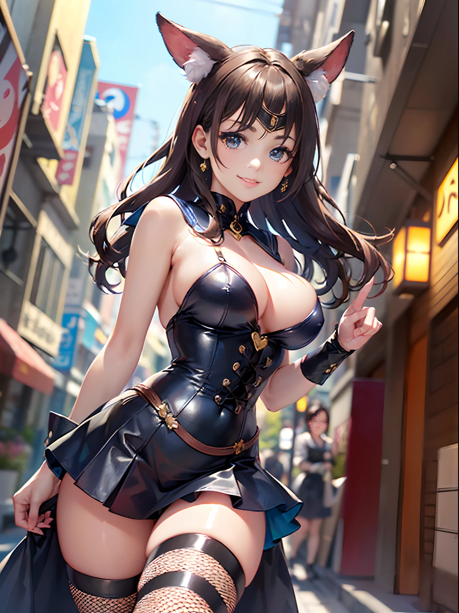 ((16ｋ,Raw photography,top-quality,hight resolution,Ray tracing,PBR Texture,Post-processing,)),((Blue leather bondage skirt, Cute Japan anime girl:2.0,Sailor Moon,Moon rabbit,long wavy brown hair,Big breasts that emphasize cleavage:2.0,bare hand,Thin leg,blue eyess,complete５Depiction of the finger,Elaborate limb representation,Limbs are２One,Fingers in total５Portrayed in books,A beautiful woman with perfect body)))(finerly detailed face:1.5),(​masterpiece:1.5),(top-quality:1.5), Beautiful fine skin,(Complex fishnet stockings),pin heels,Leather luster :3.0,Beautiful skin,(Black corset,Blue Body Con Long Skirt),((tthin eyebrows,long eyelashes,smil,二重まぶた,)),No title required,Do not wear anything on your shoulders,Create beautiful light effects on the background、Light Particle Filter,Girl fighting in town,(finerly detailed face:1.4),(​masterpiece:1.4),(top-quality:1.4), Beautiful fine skin,(Complex fishnet stockings),pin heels,Leather luster 3.0,Beautiful skin,(The leather corsets),((tthin eyebrows,long eyelashes,smil,二重まぶた,Glossy lips)),No title required,Do not wear anything on your shoulders,Bold figure,Staring from the front,Create beautiful light effects on the background、Light Particle Filter,Show off your beautiful legs while strolling around the city,Trends on pixiv,Mystical aura,Illuminati style,