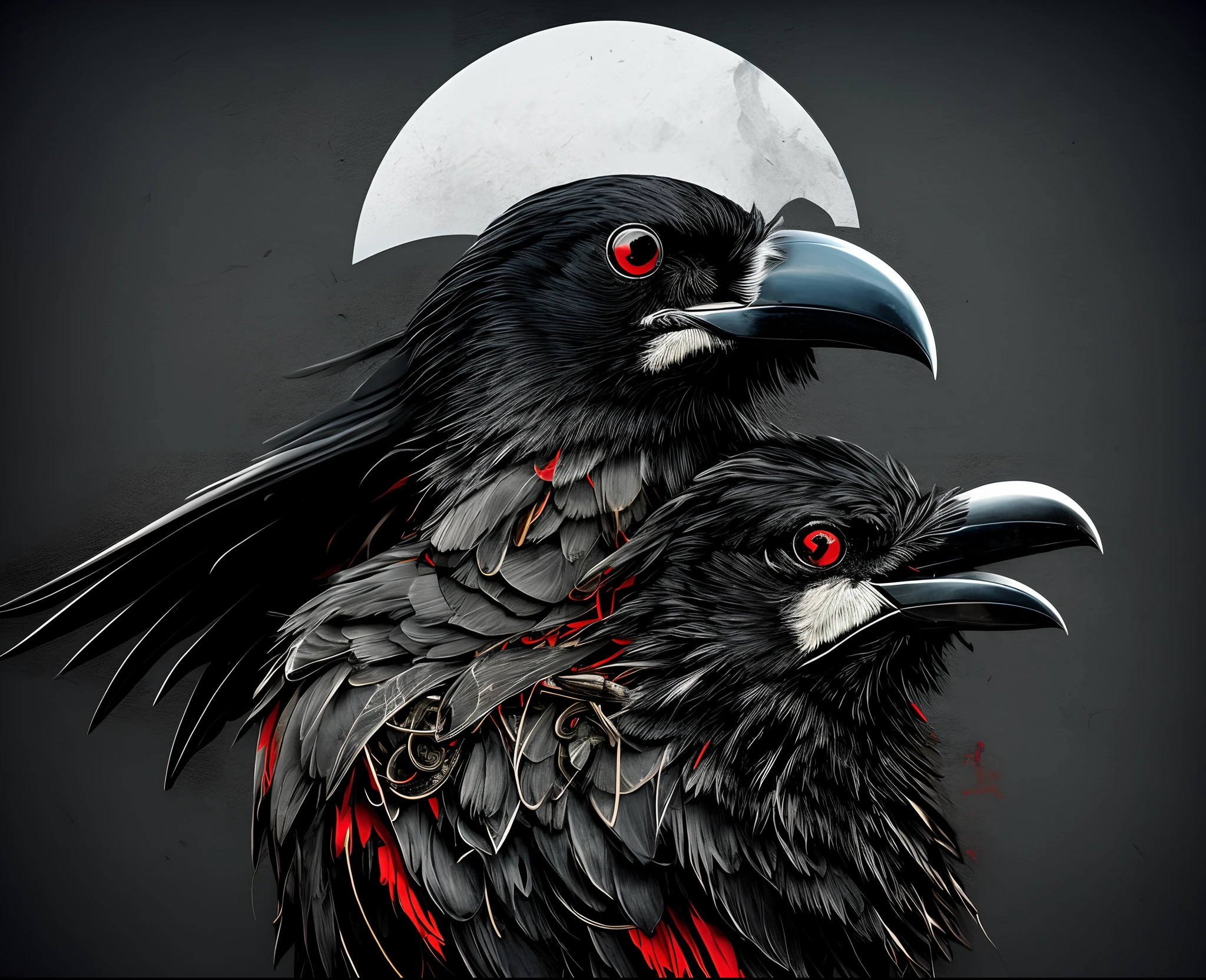 Red and black raven with blades in a black background shiny cyborg
