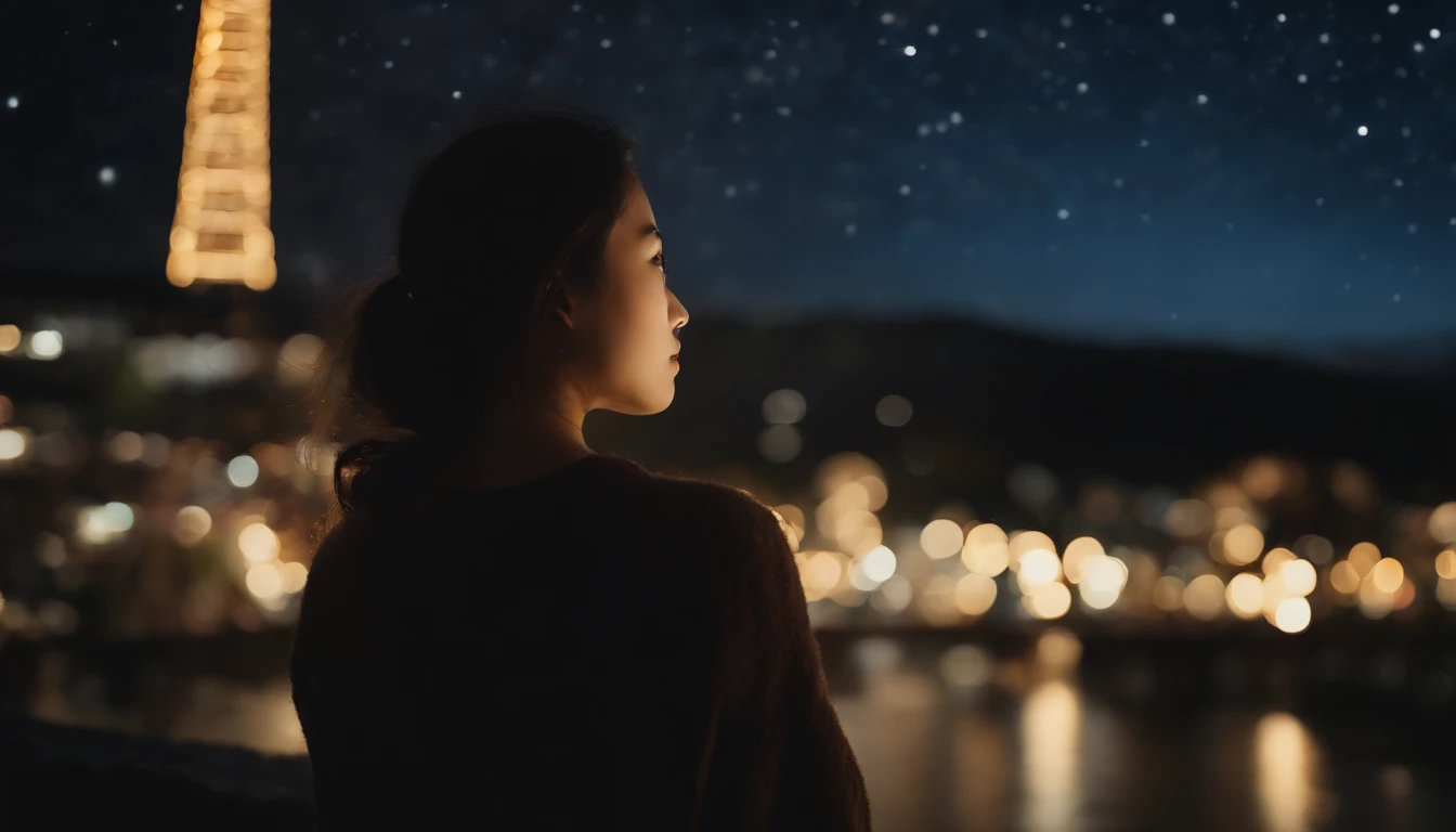 Very beautiful sky at night、A very beautiful star shining々、ultra res、8K、,Japan beautiful girl looking at the night sky is very small and backwards、