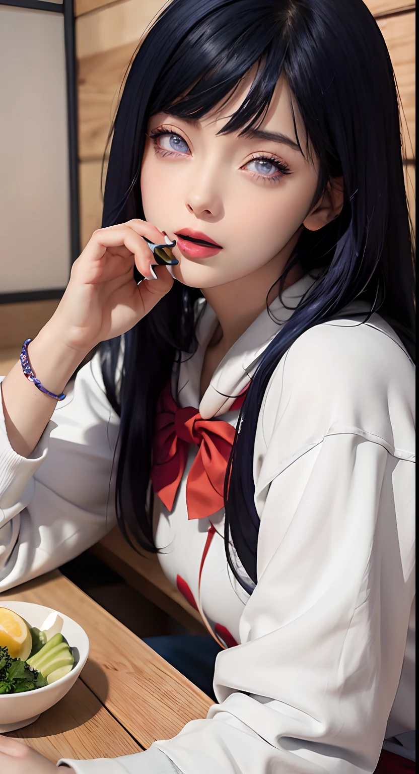 a close up of a person with long hair and a hoodie, hinata hyuga, hinata hyuga from naruto, from naruto, as an anime character, perfect anime face, she has dark blue hair with bangs, female anime character, anime character, anime best girl, hime cut hairstyle, dark blue hair, (red glossy lips:1.3), light purple eyes, big breasts, realistic, ultra detail, indoor background