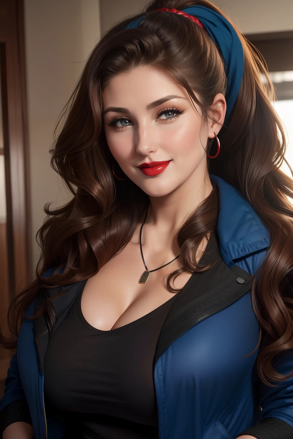 Lucy Pinder, ((Very Intense Makeup)), ((natural Lipstick)), smiling, long hair, brown hair, ponytail, Voluptuous woman, nurse, blue blouse, cleavage, headband