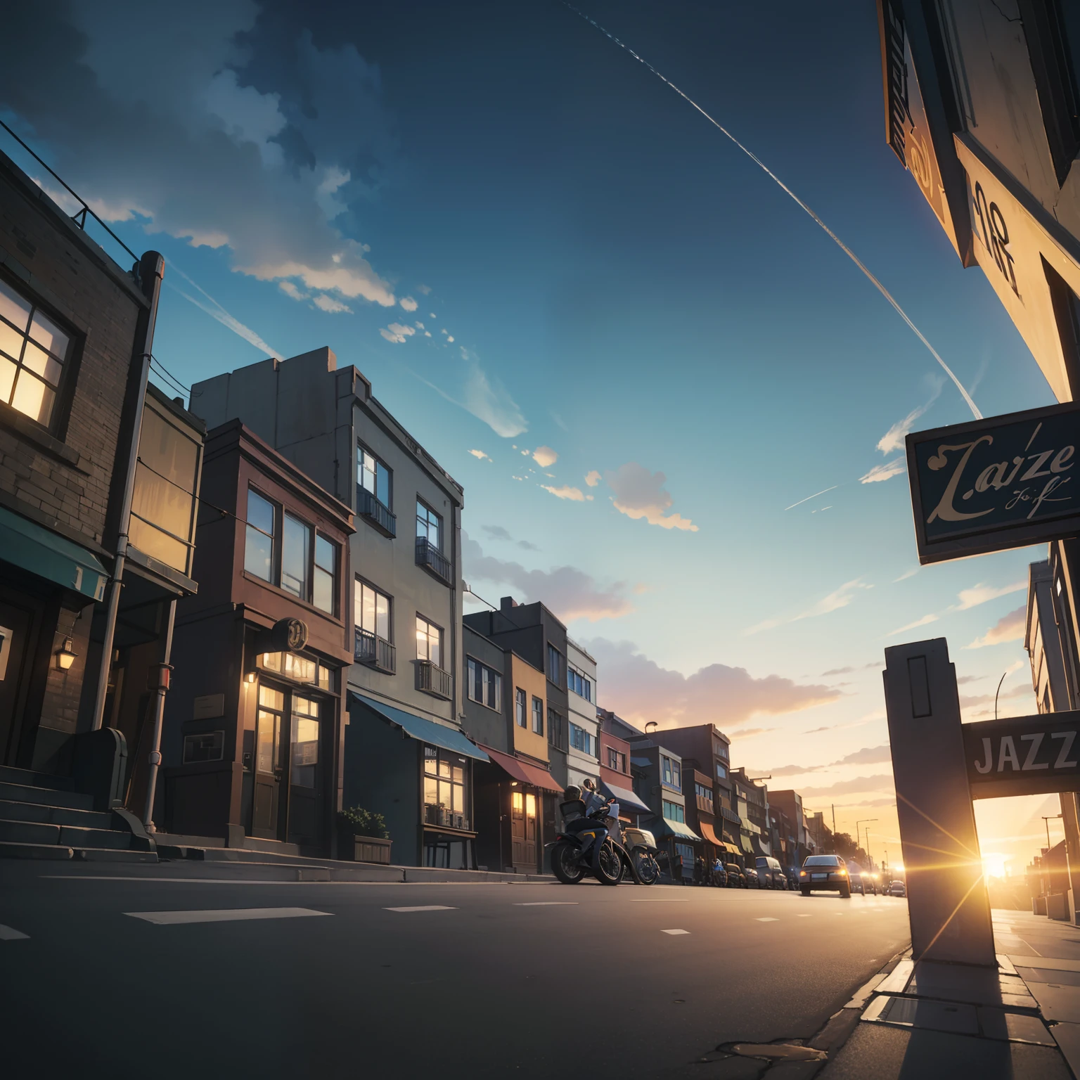 ((low angle)) ((Jazz cafe)) Streets landscape, sunset sky with a lot of clouds, on the bustling streets, cityscape reminiscent of 90s streets, traffc.