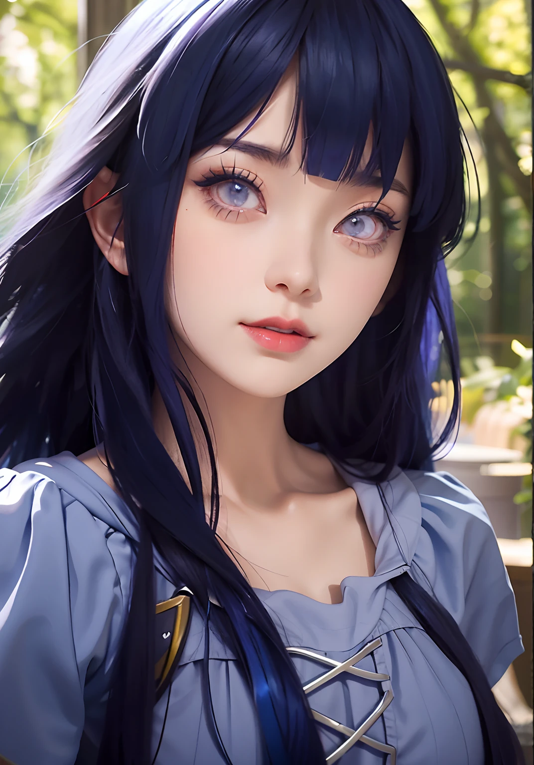 a close up of a person with long hair and a hoodie, hinata hyuga, hinata hyuga from naruto, from naruto, as an anime character, perfect anime face, she has dark blue hair with bangs, female anime character, anime character, anime best girl, hime cut hairstyle, dark blue hair, (red glossy lips:1.3), light purple eyes, big breasts, realistic, ultra detail, indoor background