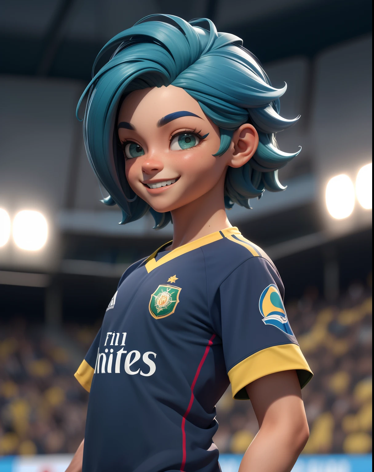 (obra-prima: 1.5), (melhor qualidade: 1.5), 3dmm, highres, altamente detalhado, 3DG, 3d, 1boy, grandes olhos azuis, azul longo: verde: 0.5 cabelo, camisa de futebol amarela com preto, bermuda preto, sorrindo, olhando para o espectador, bonito, fundo estadio de futebol, (rosto perfeito: 1.1), olhos perfeitos, cabelo moicano