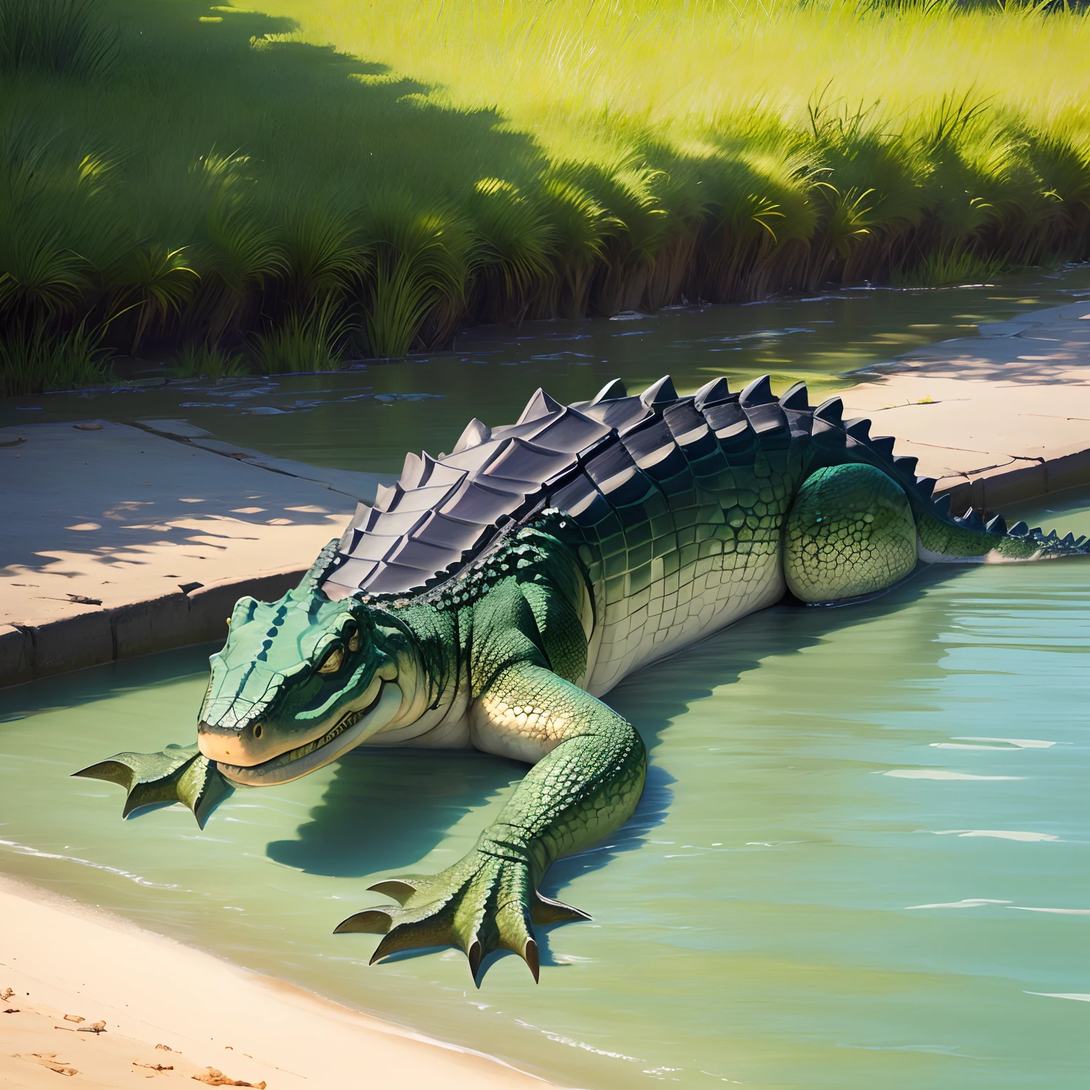 make an alligator sunbathing with sunglasses, on the bank of a river