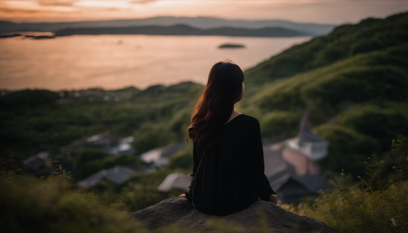 Pitch black sky、Very beautiful stars々、ultra res、8K、,Japan beautiful girl looking at the night sky is very small and backwards、The girl is pictured from a distance、Facing backwards、Sitting on a hill、