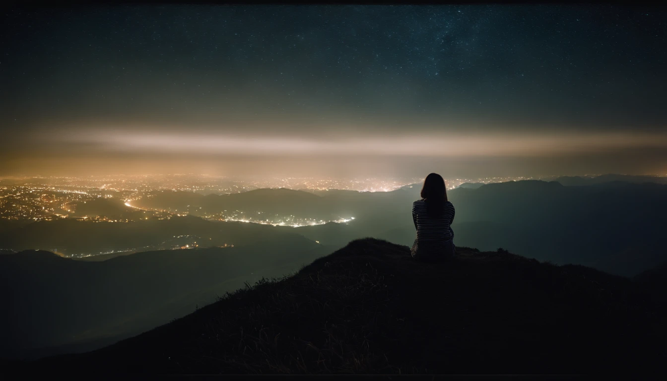 Pitch black sky、Very beautiful stars々、ultra res、８K、,Japan beautiful girl looking at the night sky is very small and backwards、The girl is pictured from a distance、Facing backwards、Sitting on a hill、