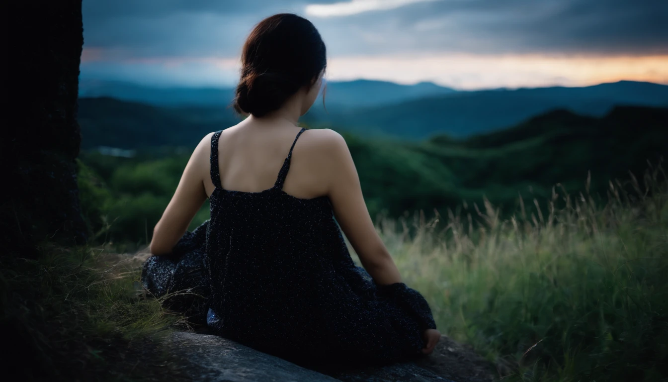 Pitch black sky、Very beautiful stars々、ultra res、8K、,Japan beautiful girl looking at the night sky is very small and backwards、The girl is pictured from a distance、Facing backwards、Sitting on a hill、