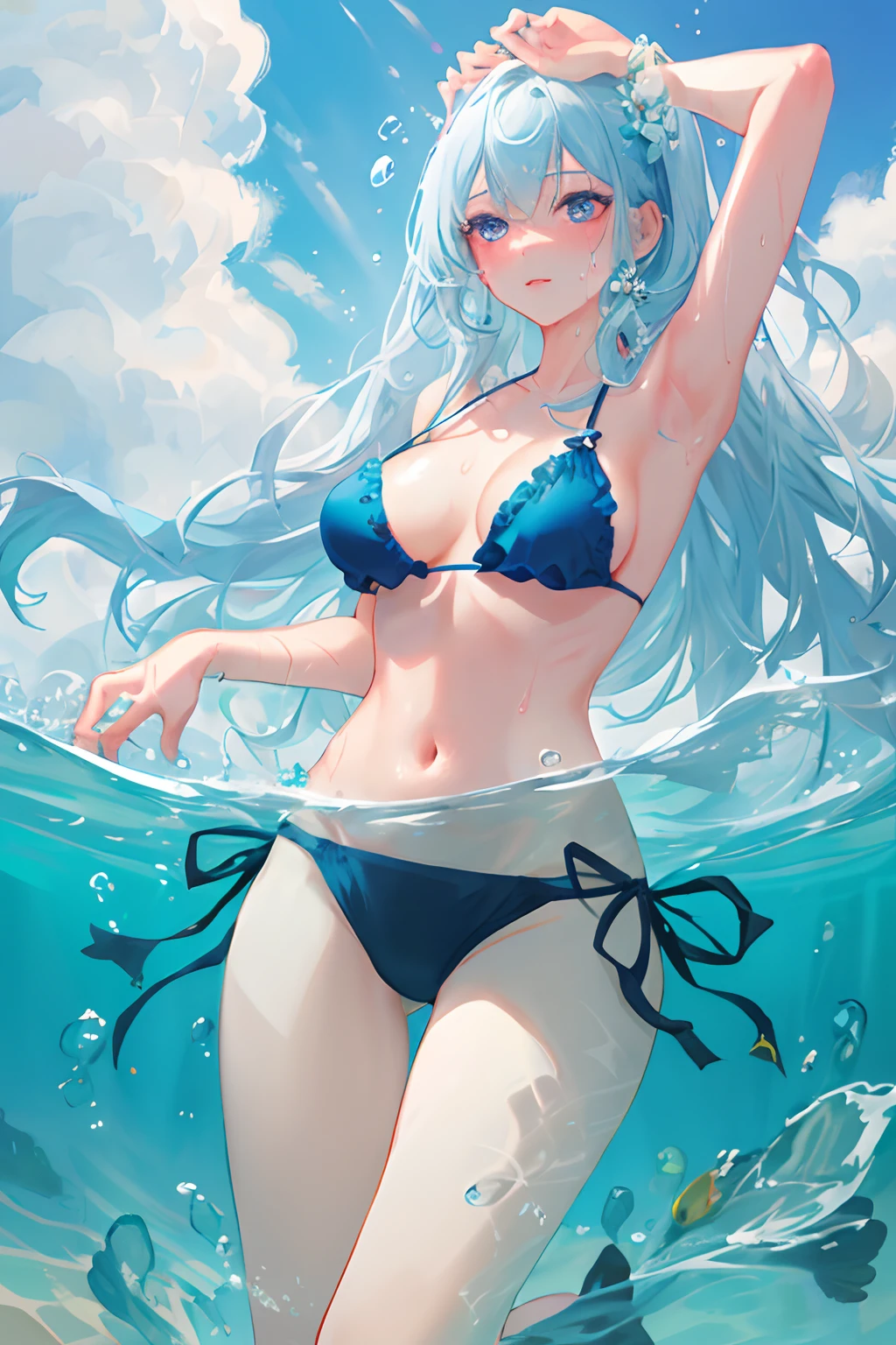 best quality, ultra detailed, beautiful detailed face, complete anatomy, 1girl, solo, submerged water, partially submerged, bubbles, shiny skin, sweat,  cloudy sky,  bikini, long hair,