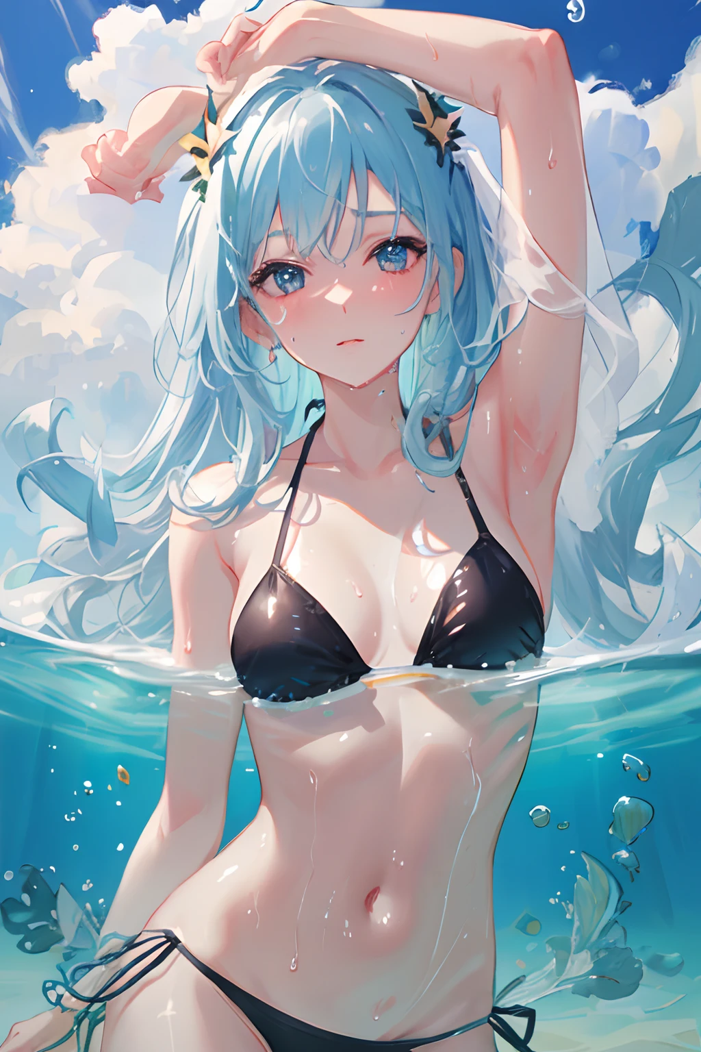 best quality, ultra detailed, beautiful detailed face, complete anatomy, 1girl, solo, submerged water, partially submerged, bubbles, shiny skin, sweat,  cloudy sky,  bikini, long hair,