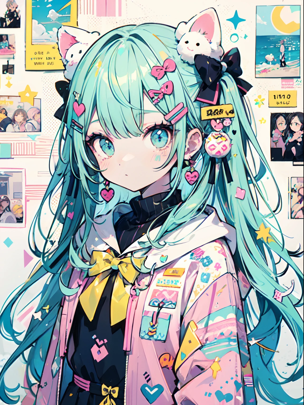 "kawaii, Cute, Adorable girl in pink, yellow, and baby blue color scheme. She wears sky-themed clothing with clouds and sky motifs. Her outfit is fluffy and soft, With decora accessories like hair clips. Lots of stickera on the wall.