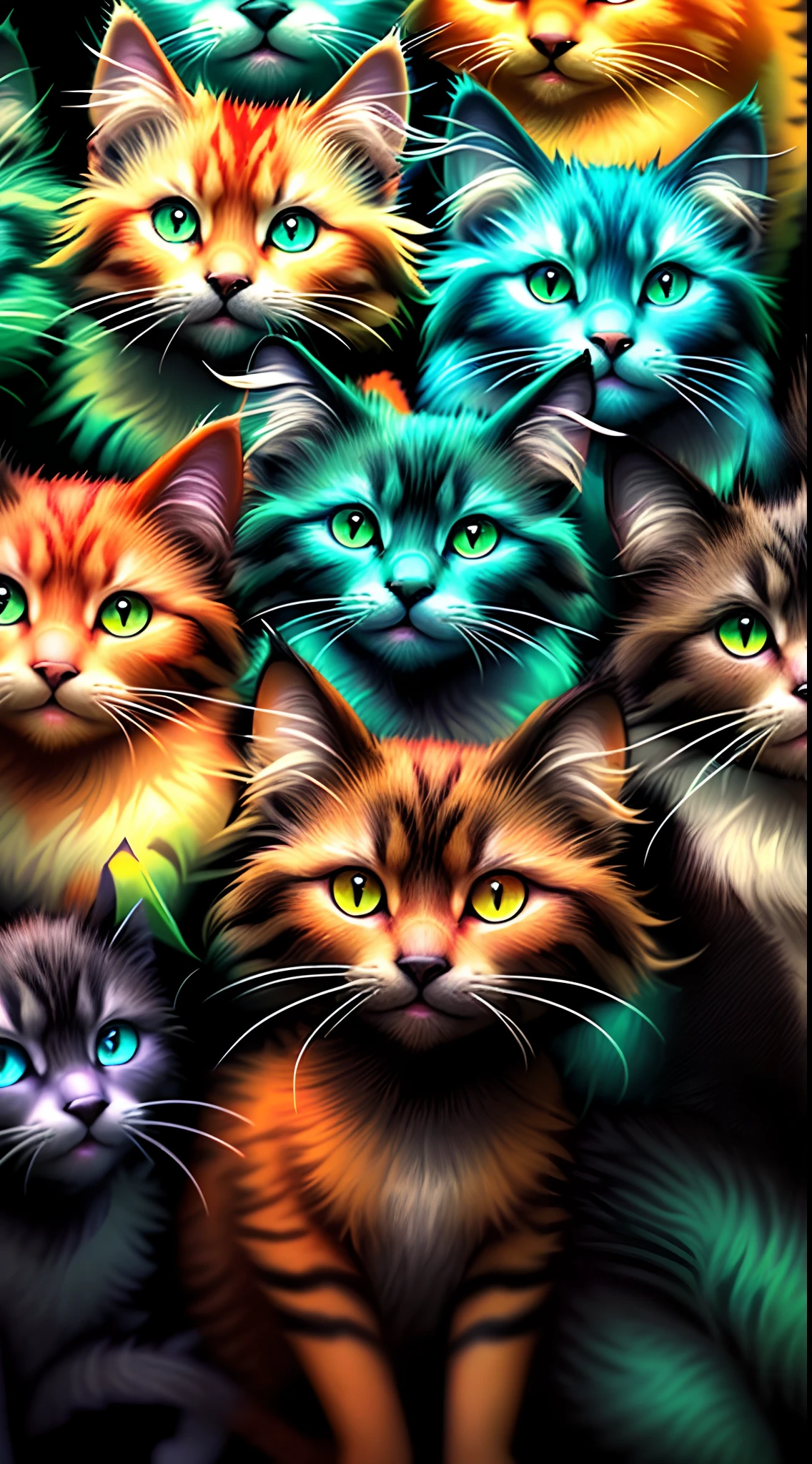 There are many cats that are all different colors together, Gatos Neon bonitos, gatos gatos dreamGatos, Gatos, gatos guerreiros, gato gato dreamGatos, GatosGatosGatos, warrior cats fan art, arte linda, gatos pretos, gatos bonitos, festa dos gatos, arte bonita, Encontro dos Gatos, design do gato, papel de parede do telefone hd, Gatos! are around, cute colorful adorable