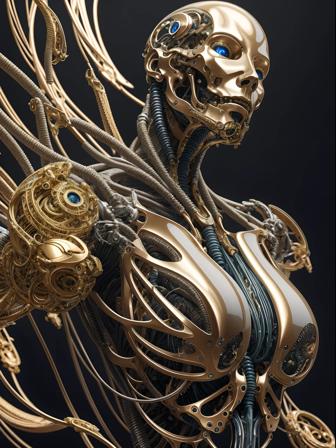 ((Highly Detailed)), ((Masterpiece)), (Photorealistic: 1.4), Futuristic Cyborg Woman, Complex Biomechanical Design, 8K Ultra Realism, Soft Natural Lighting, Neon Highlights, Fine Metal Bone Structure, Iridescent Color Play, Glenn Brown-inspired Artistry, Intricate Facial Muscles and Cables, Hyperrealistic Representation of Fusion
Tags: hands and fingers lifelike, artistic hand poses, futuristic cyborg, biomechanical design, ultra-realistic rendering, neon highlights, intricate metal bone structure, Glenn Brown style, photorealistic masterpiece