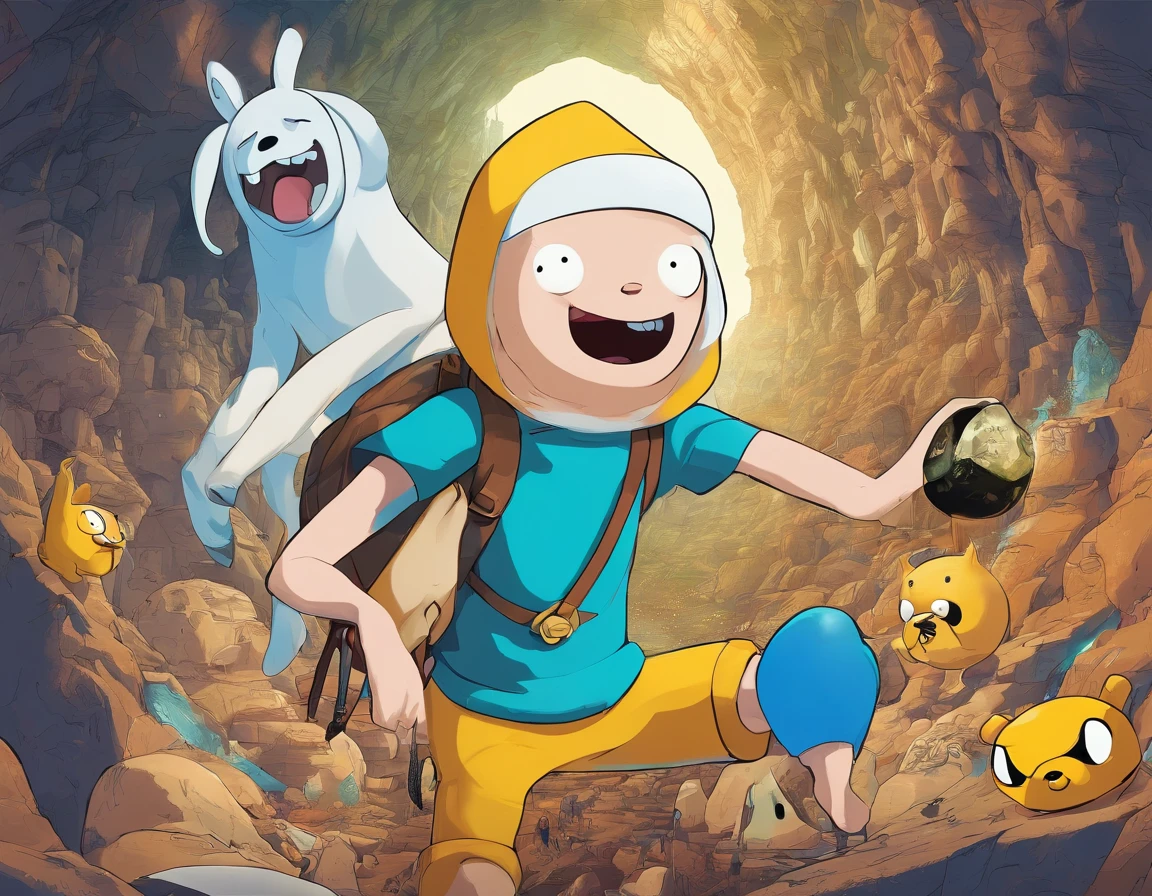 (adventure time), (best quality,4k,highres), (realistic:1.37), (anime:1.1), (detailed:1.1), (vivid colors), (fantasy), (cave:1.1), (white), (boy), (blue hair), (with rabbit ears), (yellow cold blouse), (caramel-colored dog), (large eyes), (gorgeous), (illustration), (mystery), (excitement)