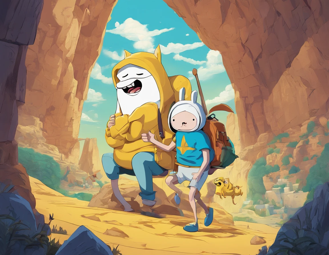 (adventure time), (best quality,4k,highres), (realistic:1.37), (anime:1.1), (detailed:1.1), (vivid colors), (fantasy), (cave:1.1), (white), (boy), (blue hair), (with rabbit ears), (yellow cold blouse), (caramel-colored dog), (large eyes), (gorgeous), (illustration), (mystery), (excitement)