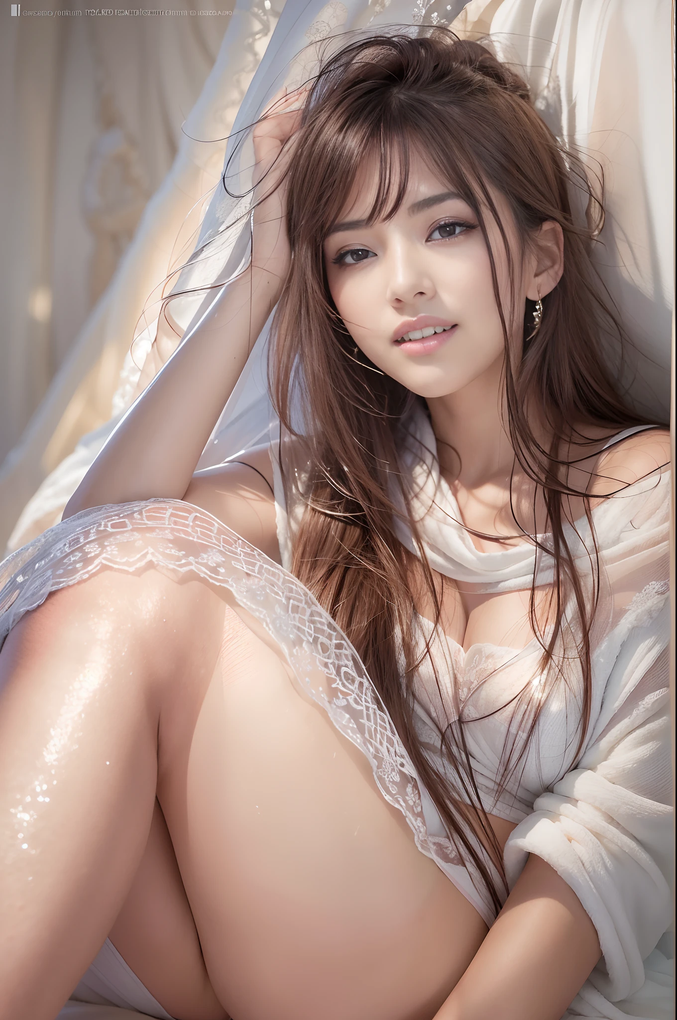 1girl, natural light, top quality, masterpiece, very delicate and beautiful, highly detailed, 8k, amazing, attention to detail, masterpiece, top quality, highly detailed, 8k, huge file size, super detailed, high resolution, very detailed, beautiful detailed girl, highly detailed eyes and face, beautiful detailed eyes, (RAW photo, highest quality), (realistic, photorealistic: 1.3), lights on the face, Full body shot, on bed, (lying on your back), (lying down), (triangular face)), long brown hair, ponytail, ((puffy eyes)), (K-pop idol), bangs, (((sexy pose))), happy smile, looking at the viewer, not wearing underwear, bath towel, waist constriction, navel, seduction, dark eyeliner, long eyelashes, blushing cheeks, (Wrap a thin white bath towel around your body), bed sheets,