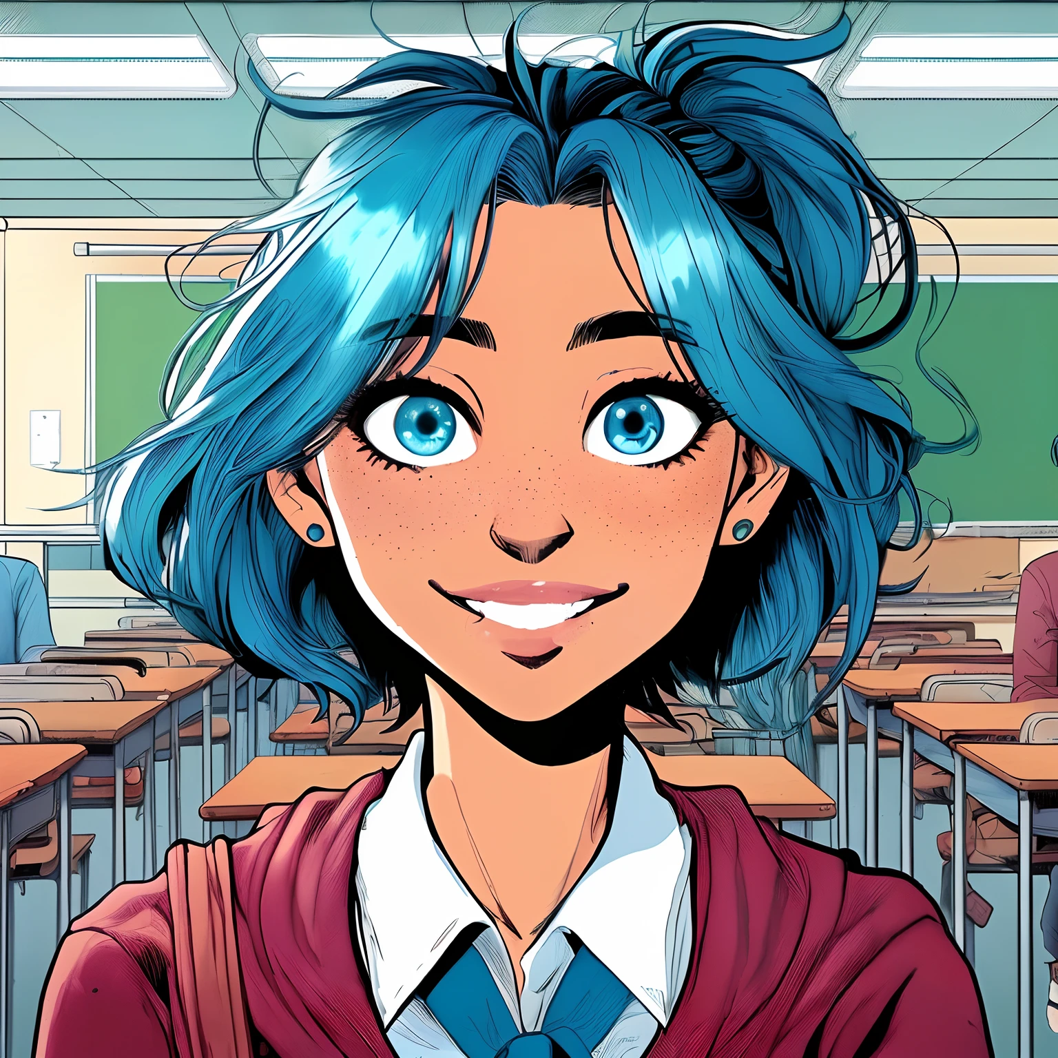 um close up de um desenho animado de uma mulher com cabelo azul, betty cooper, menina com cabelo azul, Menina anime com cabelo martelo, Arte Oficial, mulher de cabelo azul curto, menina da escola, marvelous expression, menina bonita do cabelo azul, Archie Andrews, school background, Colorido digitalmente, inspirado em Tim Doyle, sem texto, com cabelos azuis, menina bonita com cabelo azul