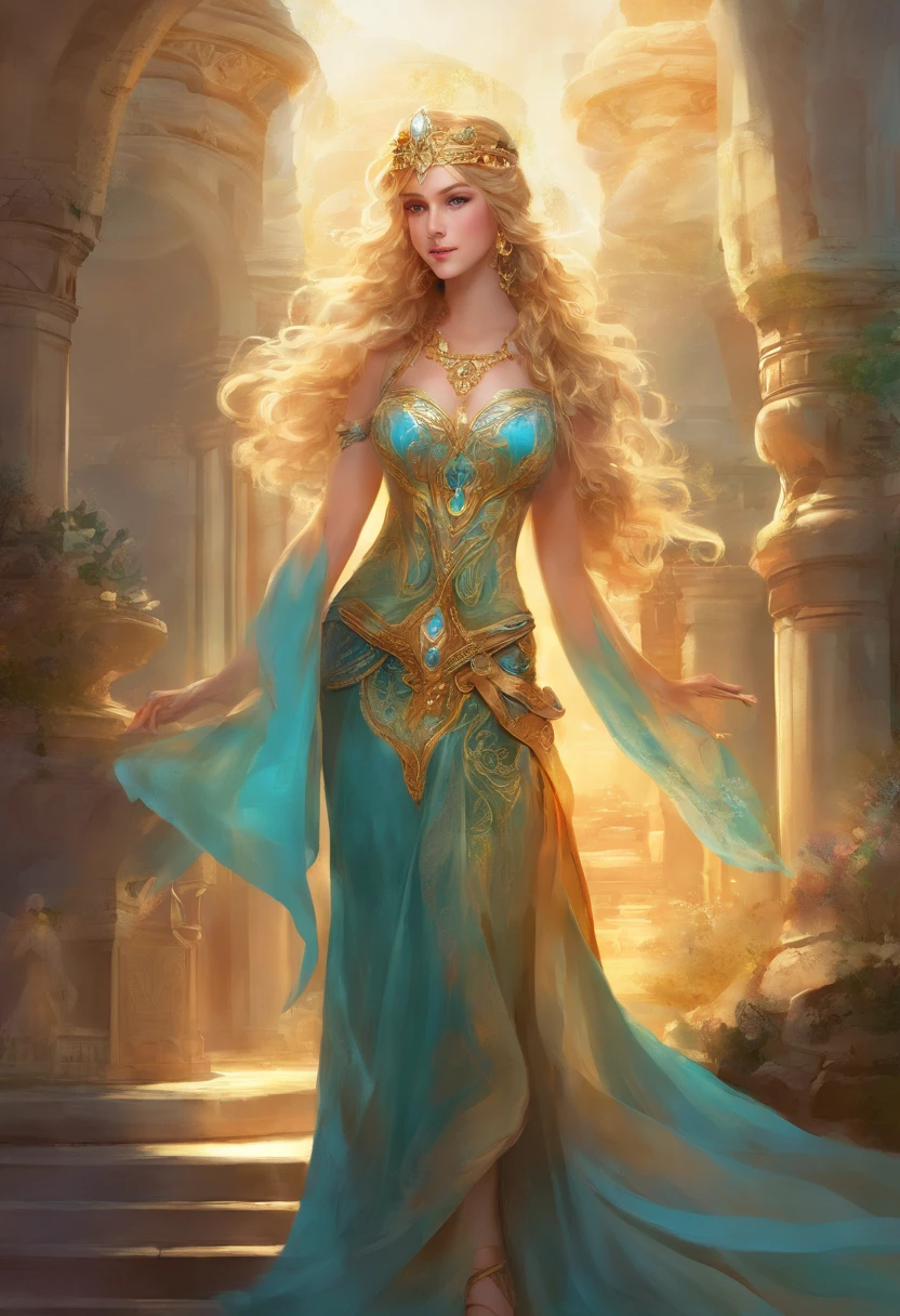 (Masterpiece), beste-Qualit, expressive eyes, Cyan eyes, 1girl, a goddess, Goddess of War, Golden hair, Curls, hairlong, Stunningly Beautiful Girl, a perfect face, edged weapons, Knife in lowered hand, Gold Detailed Embroidered Dress, floor-length dress, Long Dress, natural pose, looks at the viewer,