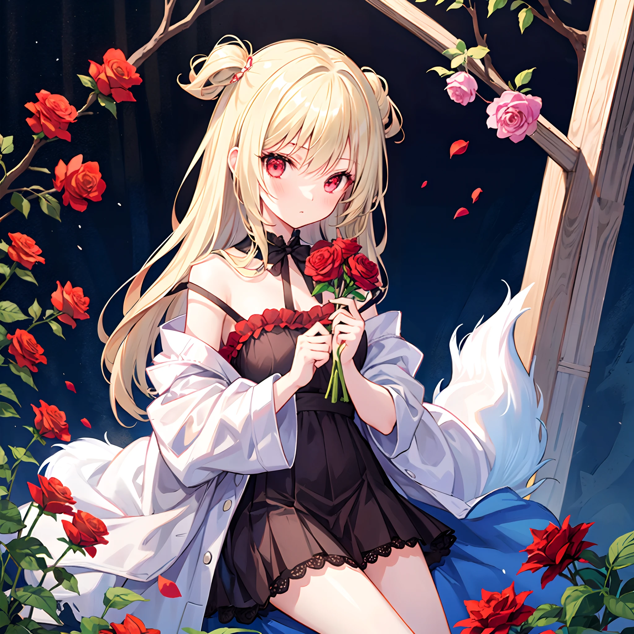 Girl with gray hair and red eyes、Blonde and red-eyed girl、Fluffy clothes、Surrounded by roses