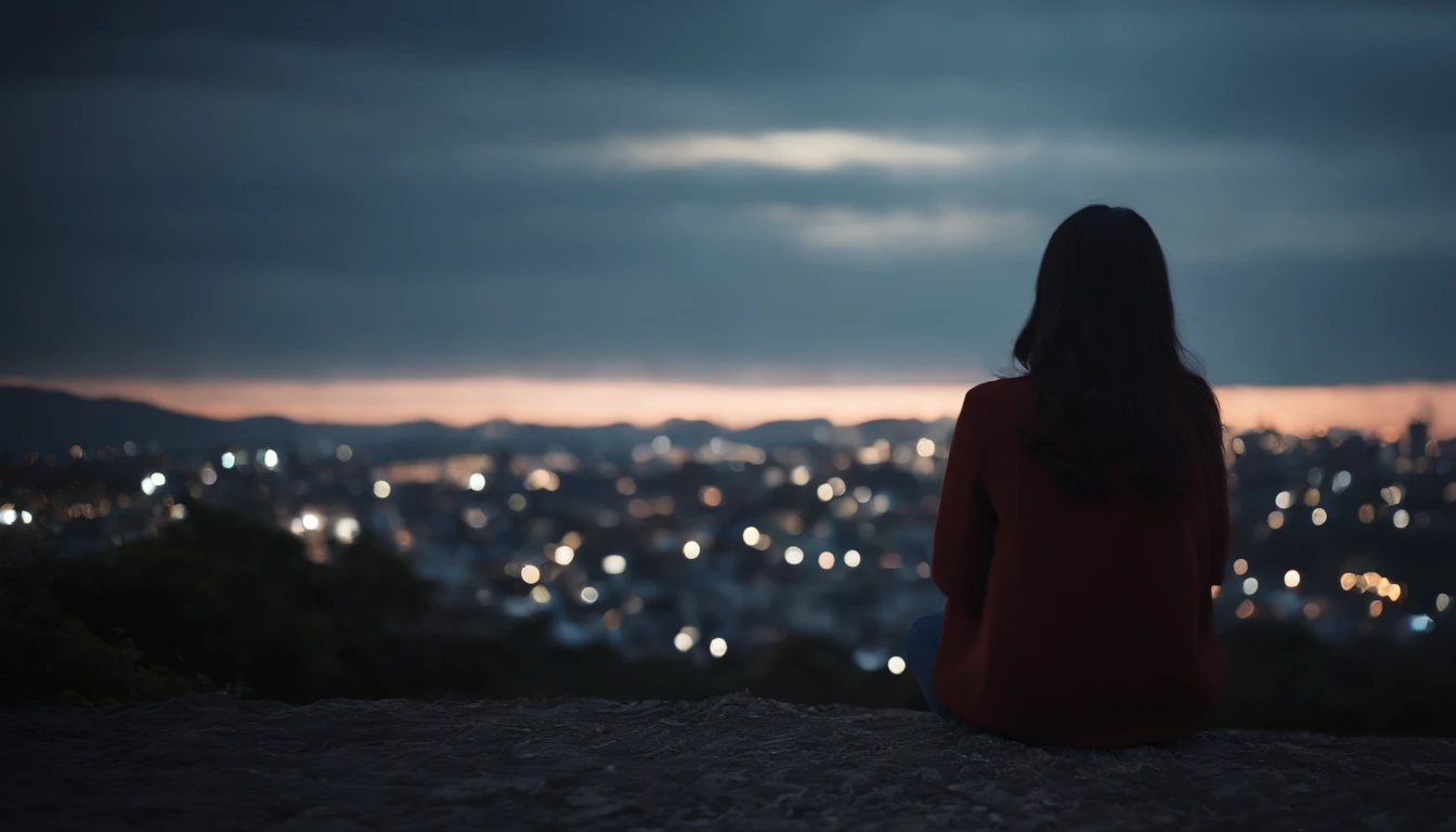 Pitch Black Sky、Very beautiful star々、ultra res、8K、,Japan beautiful girl looking at the night sky is very small and backwards、The girl is depicted from afar、Facing backwards、Sitting on a hill、The city lights are off、