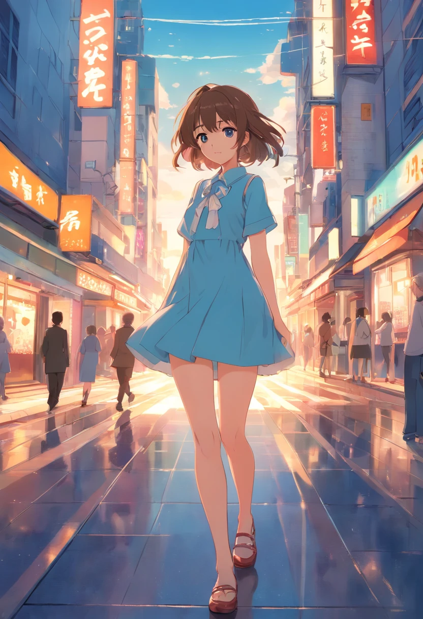 Linda ta,Cabeza mirando hacia arriba,Levanta los pies,Vestidos de turno,ojos grandes,Cara linda de anime, lindas piernas, cuerpo entero de pies a cabeza, luz real