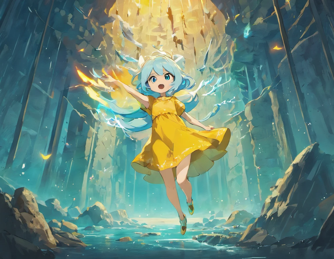 (adventure time), (best quality,4k,highres), (realistic:1.37), (anime:1.1), (detailed:1.1), (vivid colors), (fantasy), (cave:1.1), (white), (boy), (blue hair), (with rabbit ears), (yellow cold blouse), (caramel-colored dog), (large eyes), (gorgeous), (illustration), (mystery), (excitement)